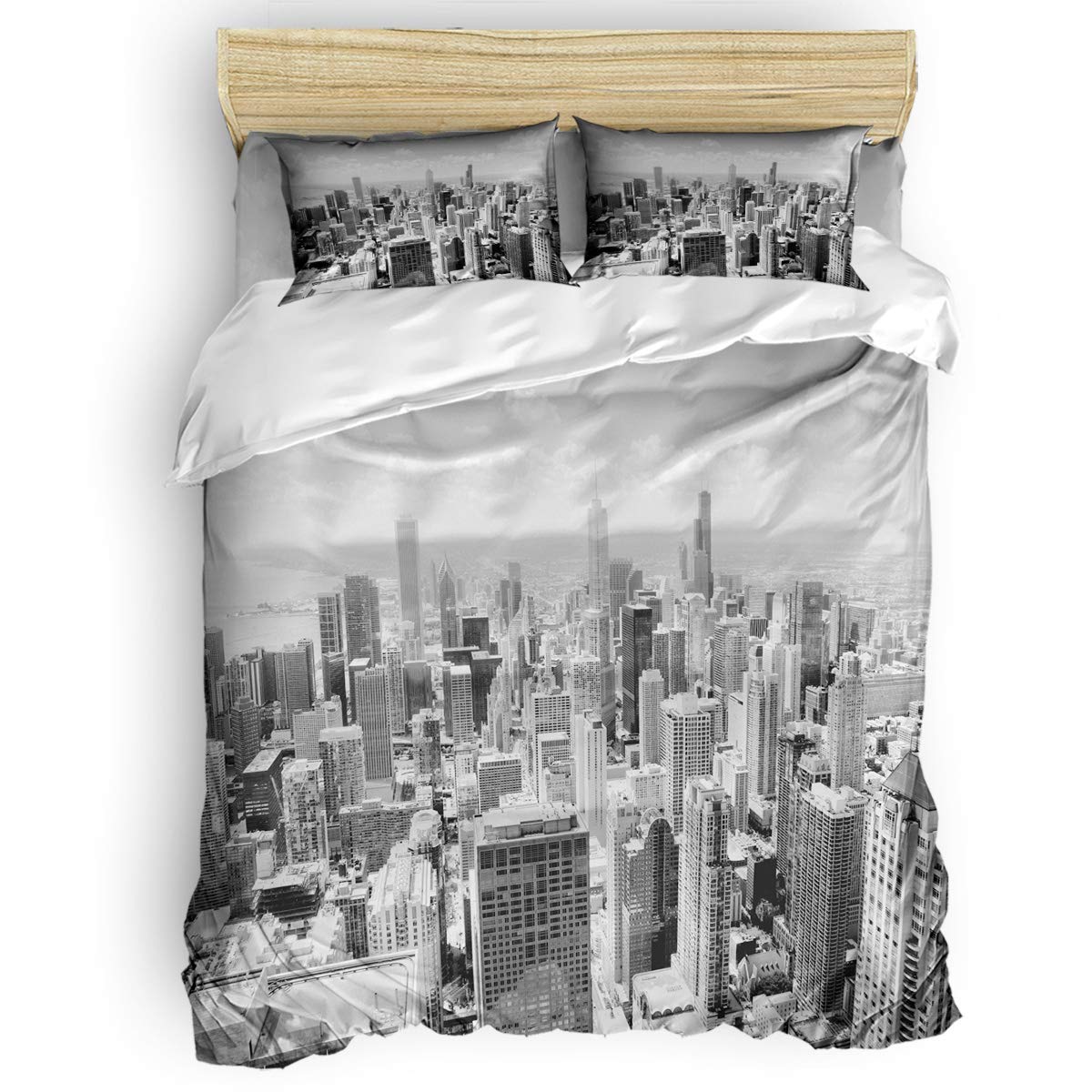 Beding Collection Chicago City Landscape Duvet Cover Set - Queen Size with Zipper Closure, Includes 1 Duvet Cover, 1 Fitted Sheet & 2 Pillow Shams - Grey Bedding Set for Modern Home Decor