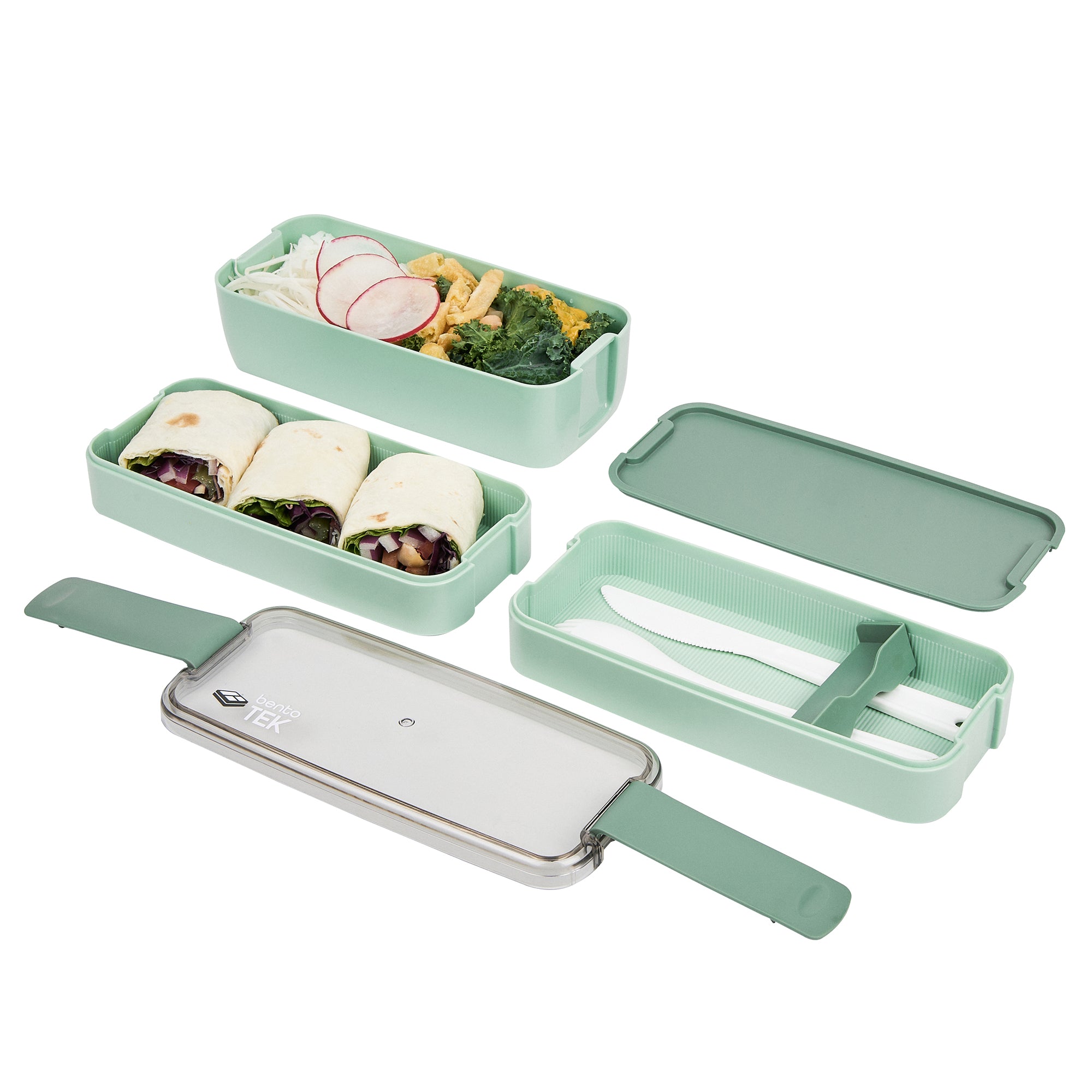 Bento Tek 30 oz Green 3-in-1 BPA Free Lunch Box with Fork & Knife - Microwave Safe Food Container (7.5