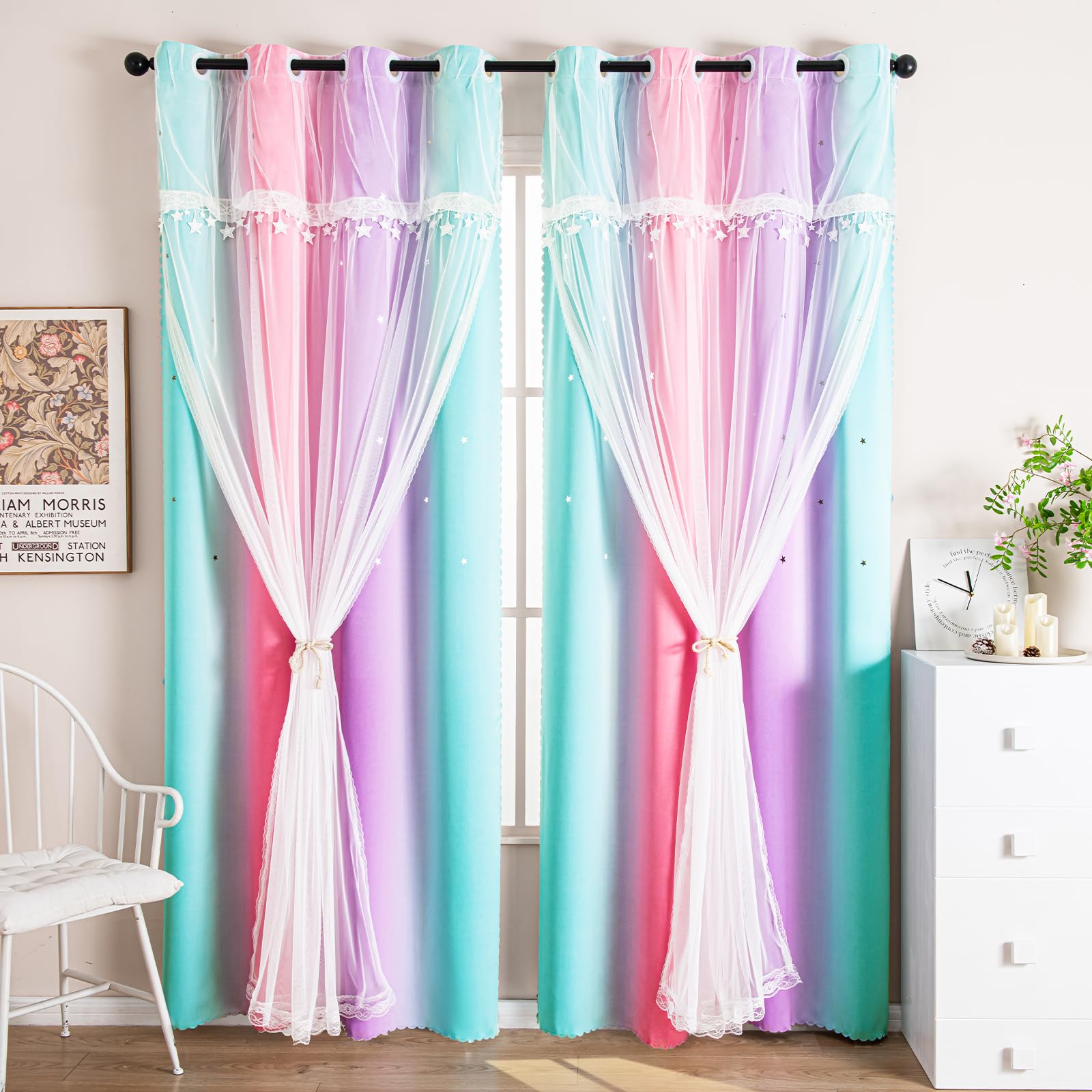 UNISTAR Blackout Curtains for Girls Bedroom, Kids Room & Nursery - Star Pattern Darkening Window Treatment for Princess Bedroom Decor (Pink, Purple, Green, 1 Panel, 34
