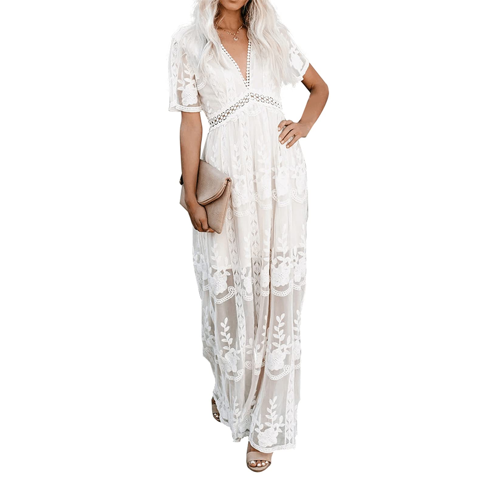 Women's Deep V Neck Short Sleeve Floral Lace Maxi Dress - Elegant Long Bridesmaid Gown for Weddings, Parties & Summer Events