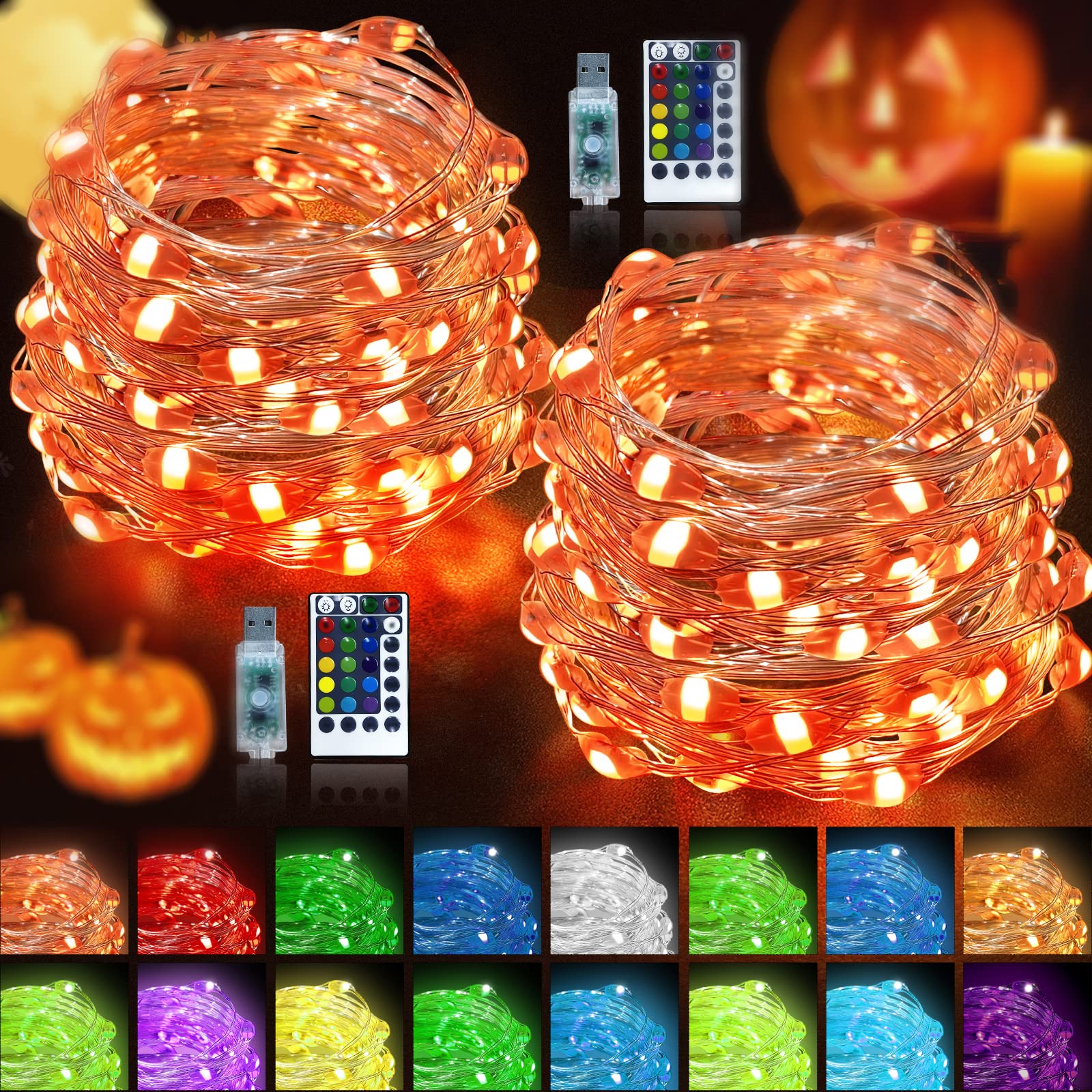 LiyuanQ Halloween String Lights - 2 Pack 16 Color Changing LED Fairy Lights with Remote & Timer, USB Plug-in Twinkle Lights for Indoor/Outdoor Decor (100 LEDs) - Perfect for Halloween, Christmas, Parties, Bedroom, Garden, and Haunted House Decorations