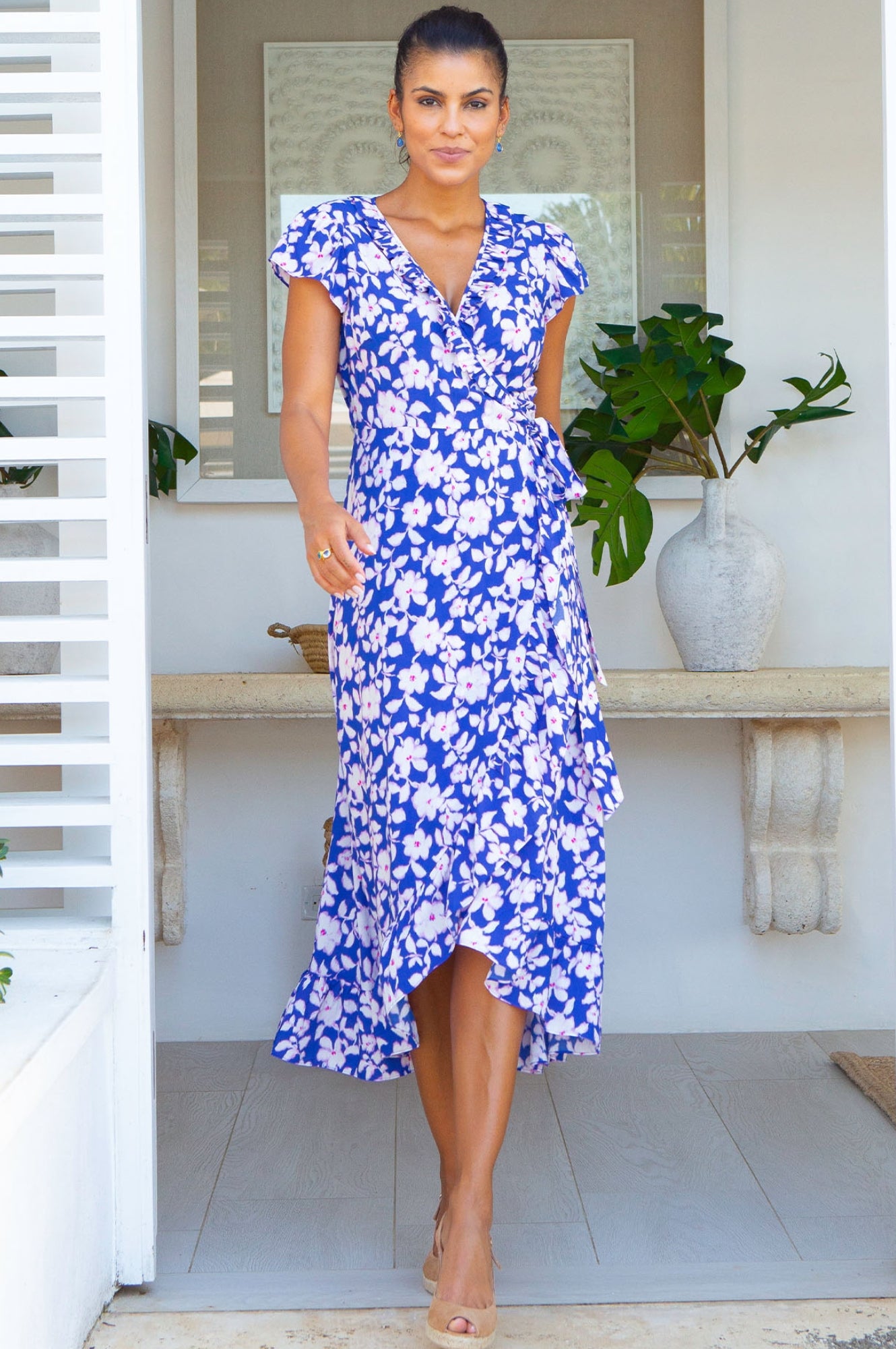 EcoVero™ Wrap Dress for Women - Sustainable Blossom Cobalt & Pink Floral Print | Comfortable Stretchy Fabric | Perfect for Work, Date Night & Summer Vacation