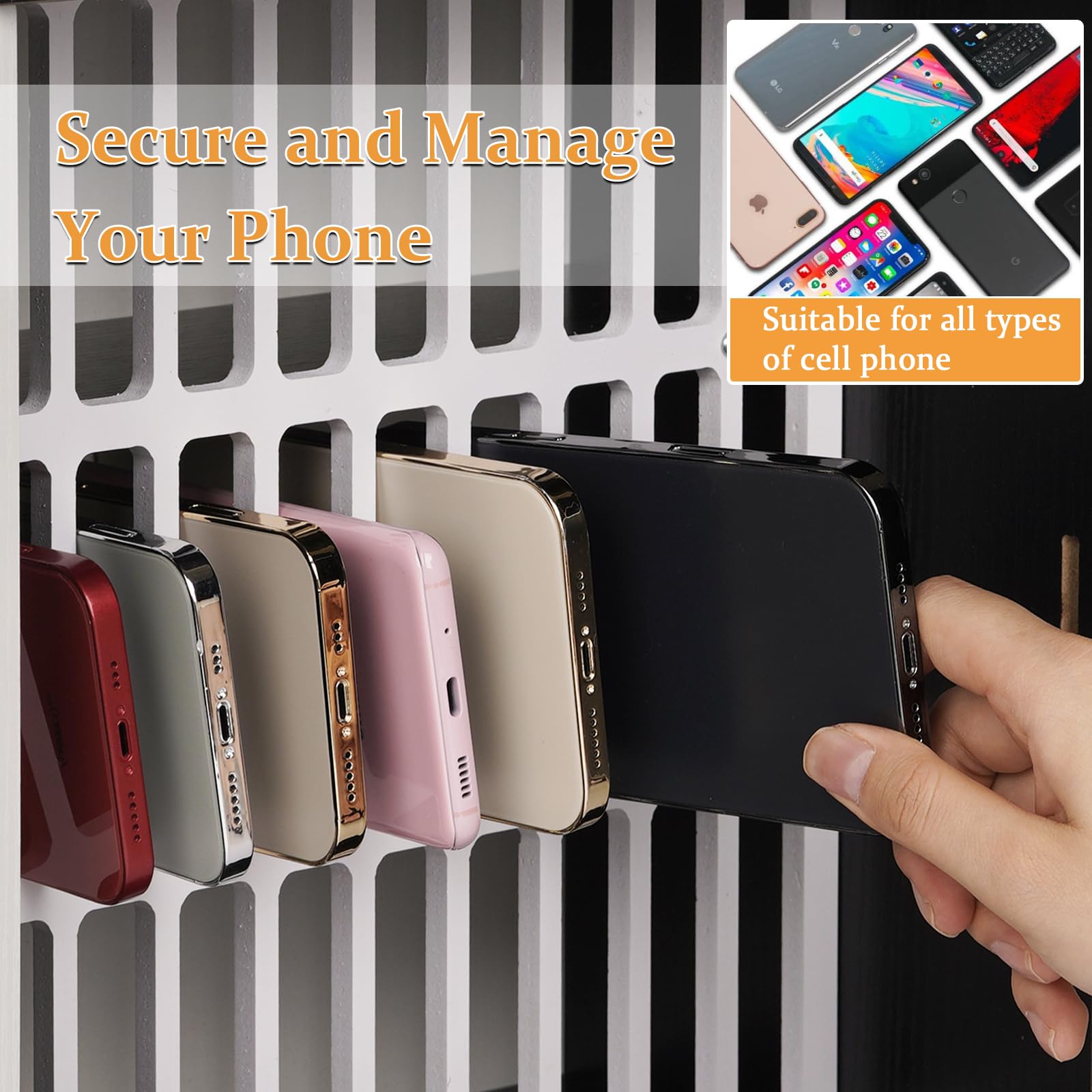 33-Slot Wooden Cell Phone Storage Cabinet with Handle & Lock - Classroom & Office Organizer for Student Phones - Durable Black Pocket Chart for Schools, Meetings & Study Areas