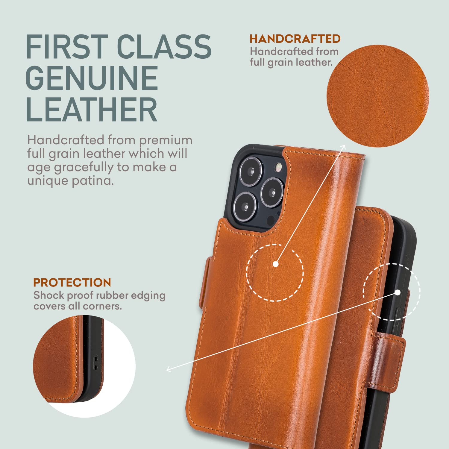 Bayelon Premium Full Grain Leather Wallet Case for iPhone 13 Pro Max - Magnetic Flip Cover with Card Slots, Kickstand & RFID Protection | Perfect for Business, Travel & Everyday Use (Rustic Tan)