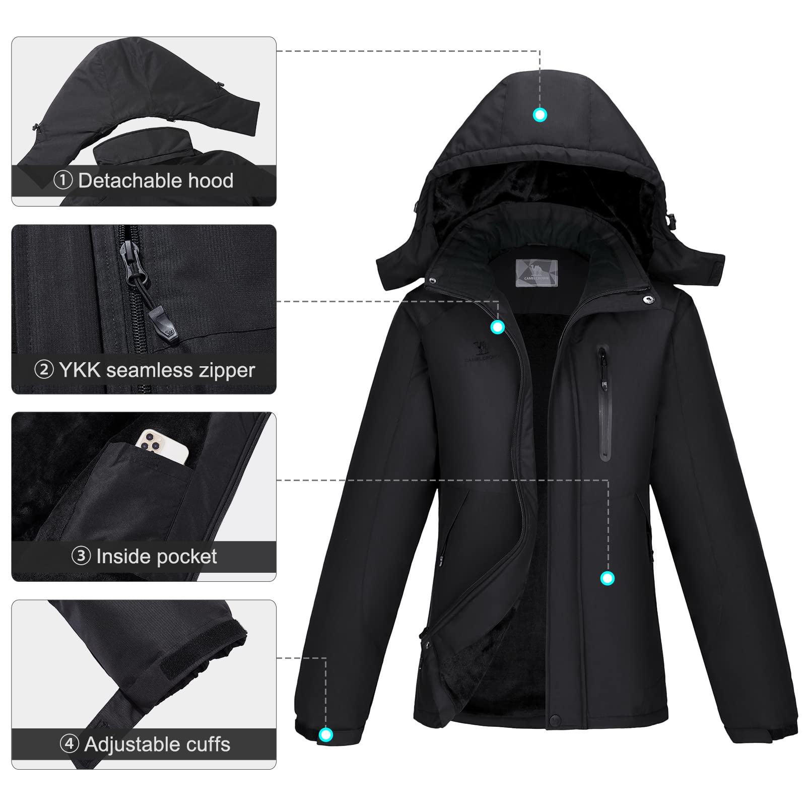 Women's Waterproof Ski Jacket with Hood - Windproof Winter Snow Coat for Skiing, Hiking & Outdoor Activities | CAMEL Warm Mountain Rain Jacket