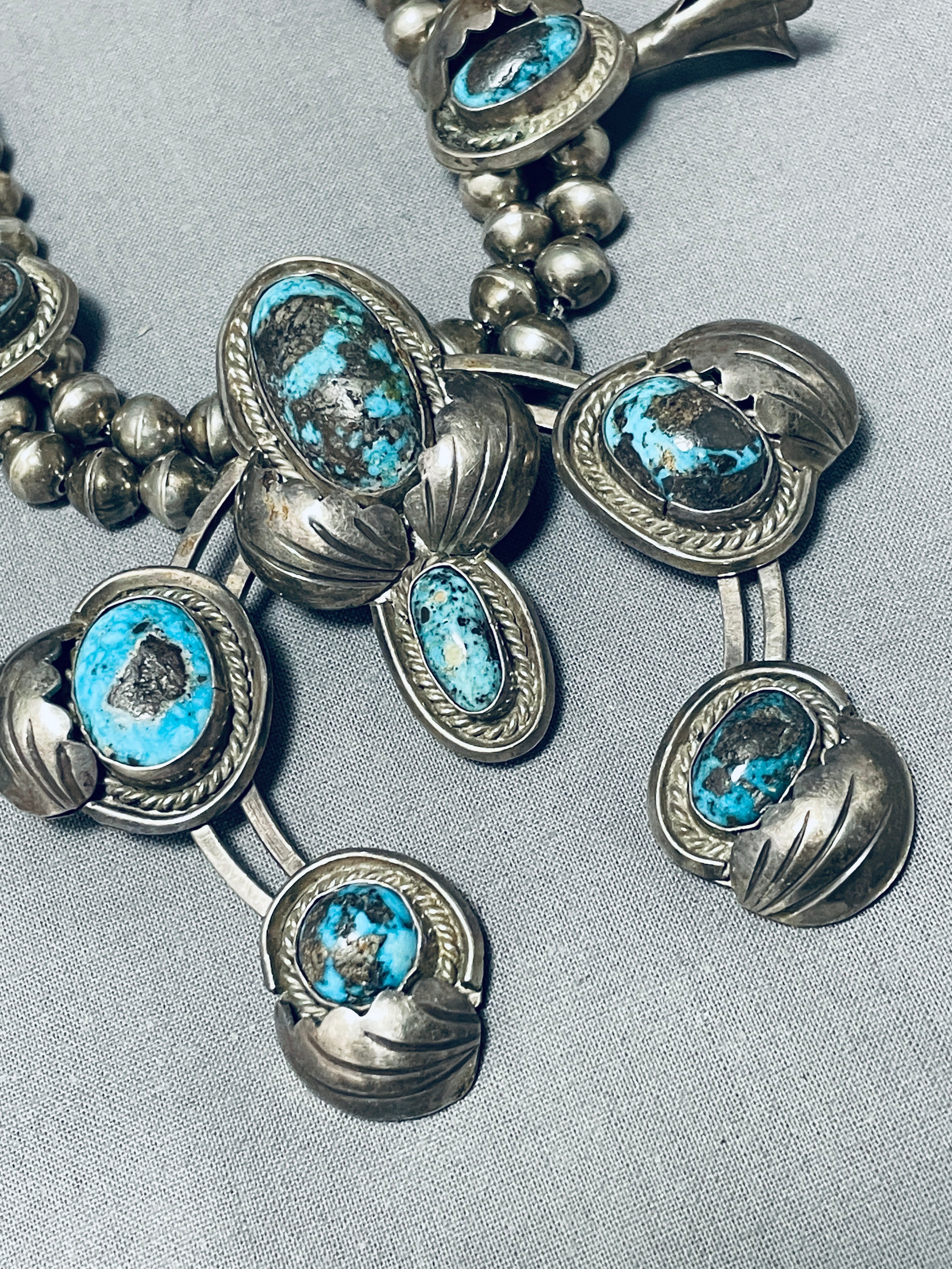 Authentic 100% Bisbee Turquoise Vintage Native American Navajo Sterling Silver Squash Blossom Necklace | Handcrafted Jewelry for Women | Perfect for Boho Fashion, Weddings & Special Occasions