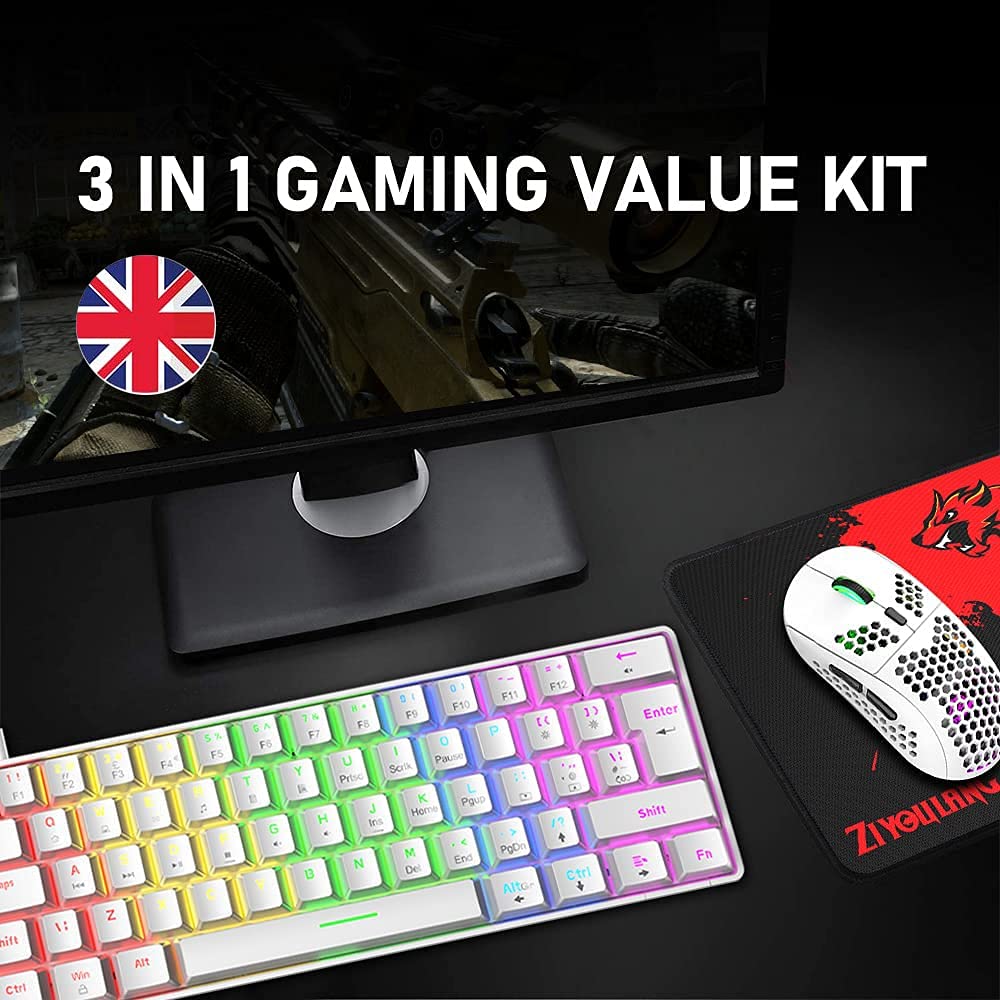 60% UK-Layout Wired Gaming Keyboard and Mouse Combo - 62-Key Mini Compact Mechanical Keyboard with 19 Rainbow & 6 RGB Lighting Effects, 6400 DPI Lightweight Gaming Mouse (White/Red Switch) - Perfect for PC Gaming, Office Work, and Esports Enthusiasts