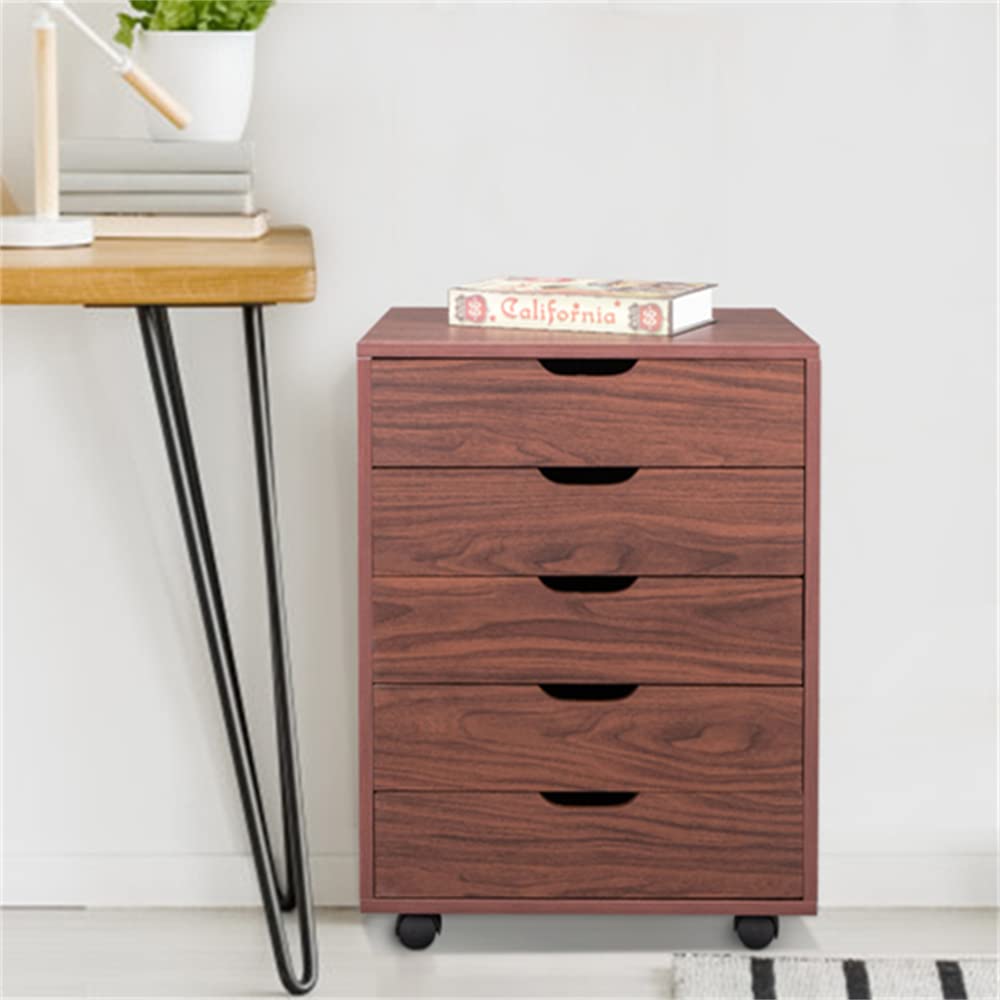 5-Drawer Lateral File Cabinet with Wheels - Dark Walnut Wood Rolling Office File Cabinet for Under Desk Storage, Home Office Organization & Document Filing - Perfect for Small Spaces & Workspaces