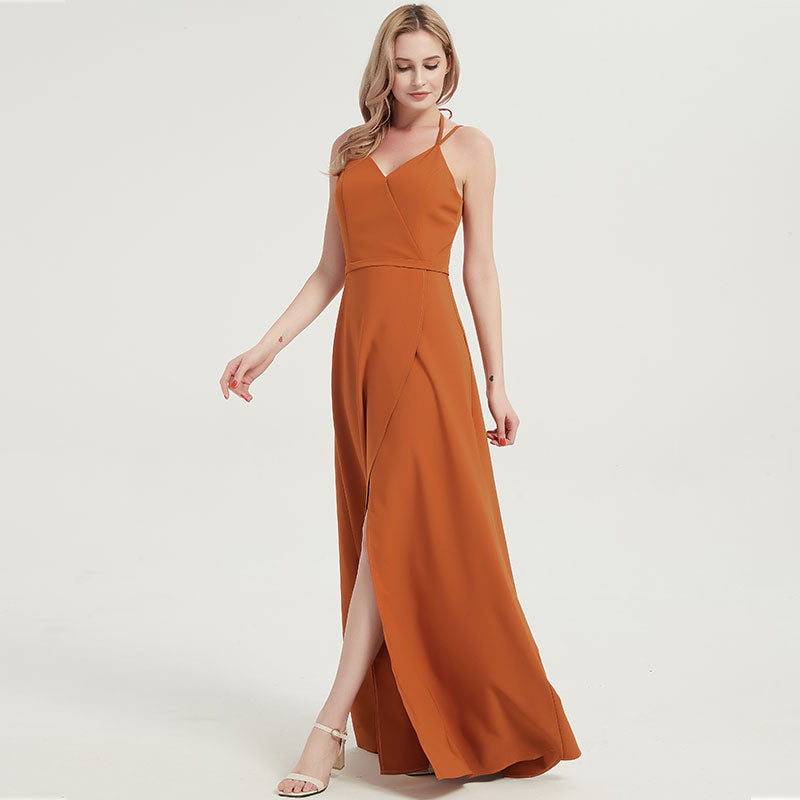 Elegant Burnt Orange V-Neck Long Bridesmaid Dress with Spaghetti Straps - Perfect for Weddings, Formal Events & Evening Parties