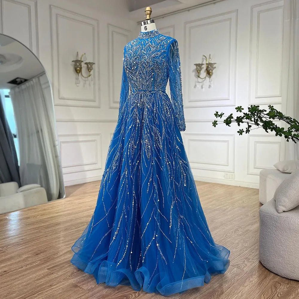 Elegant Blue Beaded A-Line Muslim Evening Dress for Women - Luxury Dubai Abaya Gown for Wedding, Party & Special Occasions | Serene Hill Collection 2025 LA72302A | Perfect for Formal Events, Evening Galas & Bridal Showers
