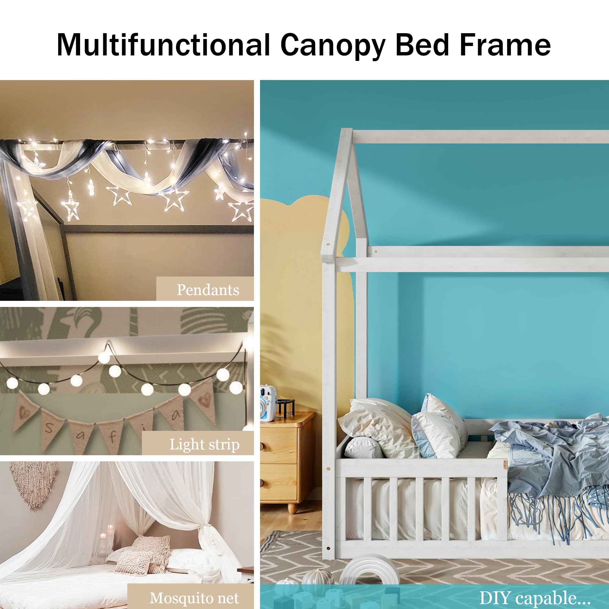 Merax Wooden House Bed with Fence & Door - Twin Size Floor Bed with Full Guardrail - White - Perfect for Kids Room, Playroom or Montessori Bedroom