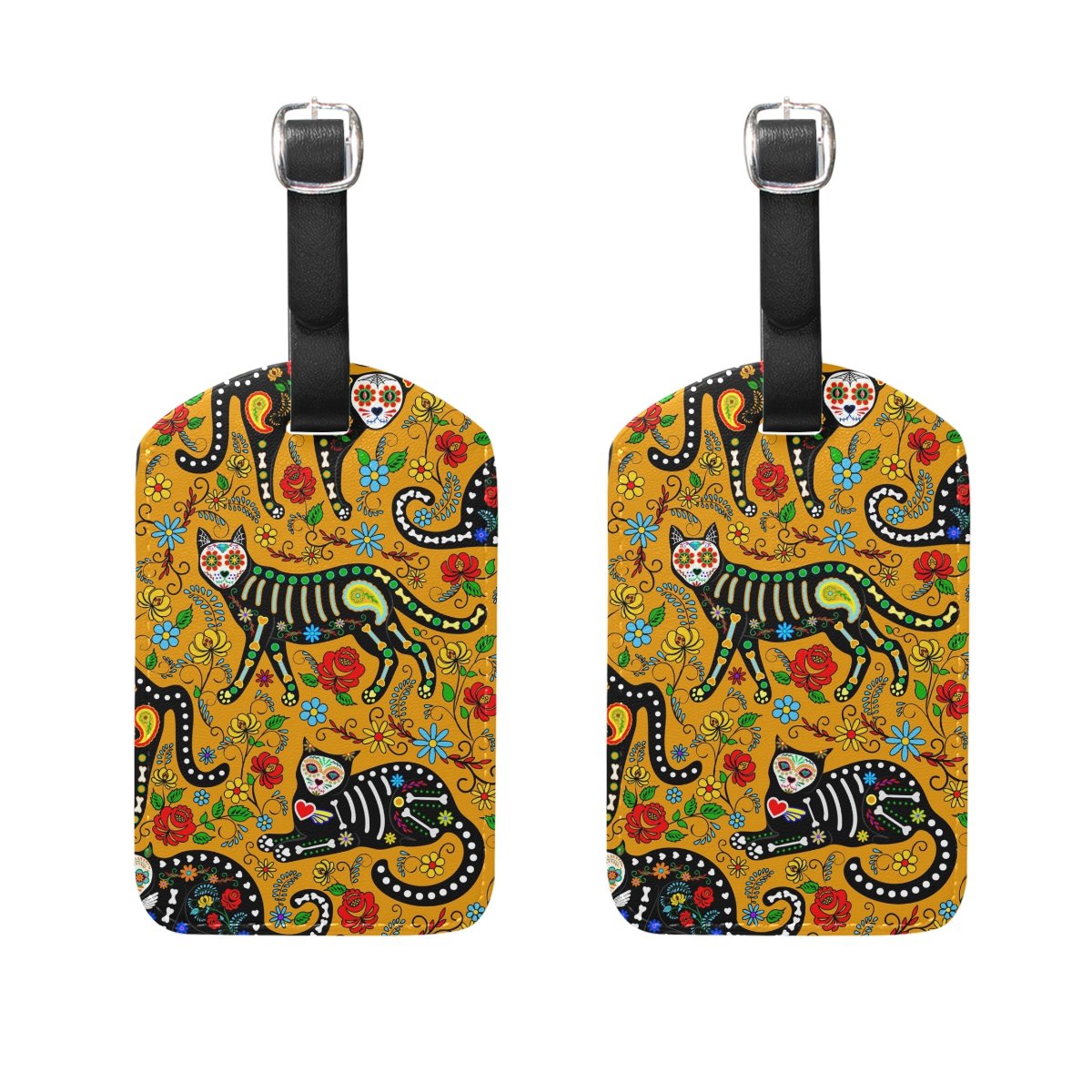 Halloween Sugar Skull Cat & Floral PU Leather Luggage Tags - 2 Pack Travel ID Baggage Labels for Suitcases, Backpacks & Carry-Ons - Perfect for Dia de Los Muertos, Gothic Travel & Unique Identification