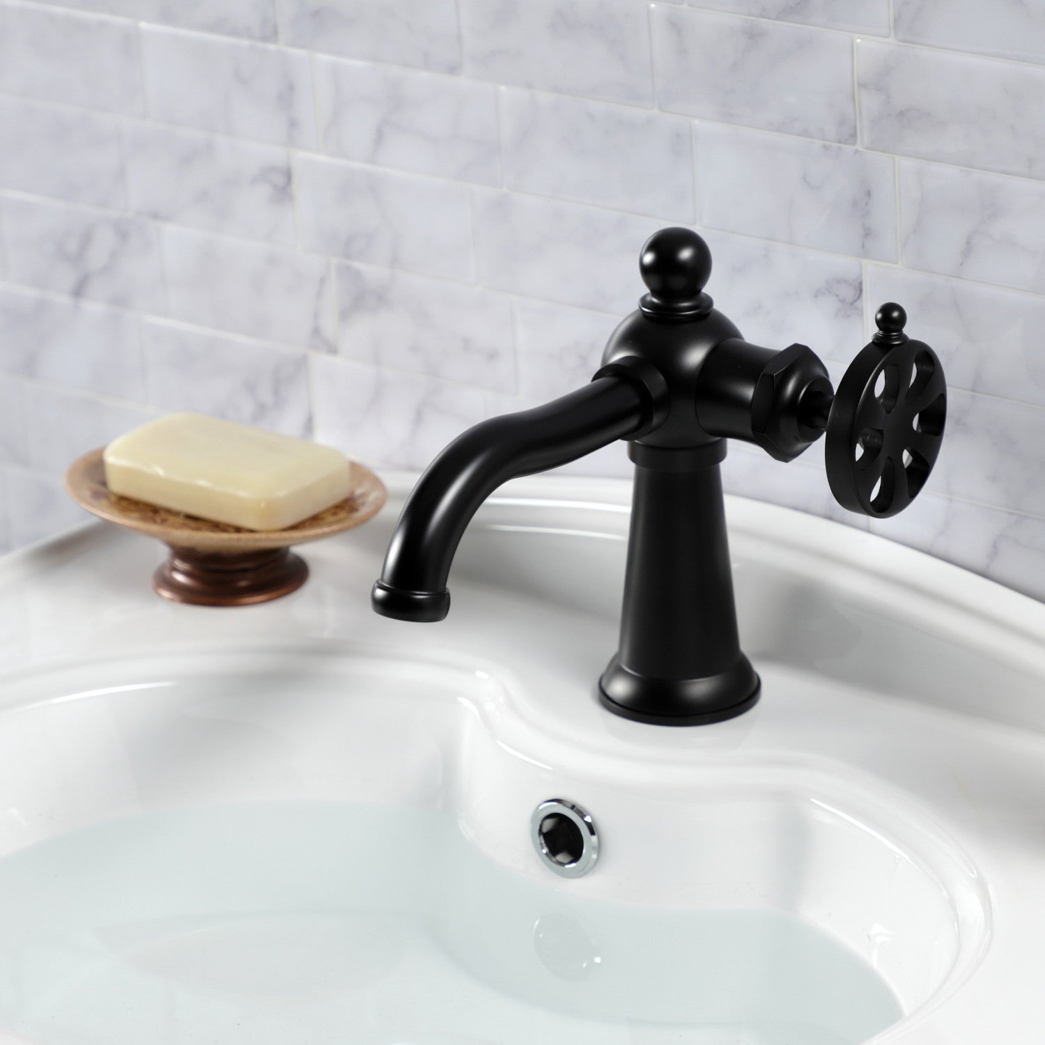 Belknap KS3540RX Single Handle 1-Hole Bathroom Sink Faucet with Push Pop-Up Drain - Matte Black Finish for Modern Vanities & Powder Rooms