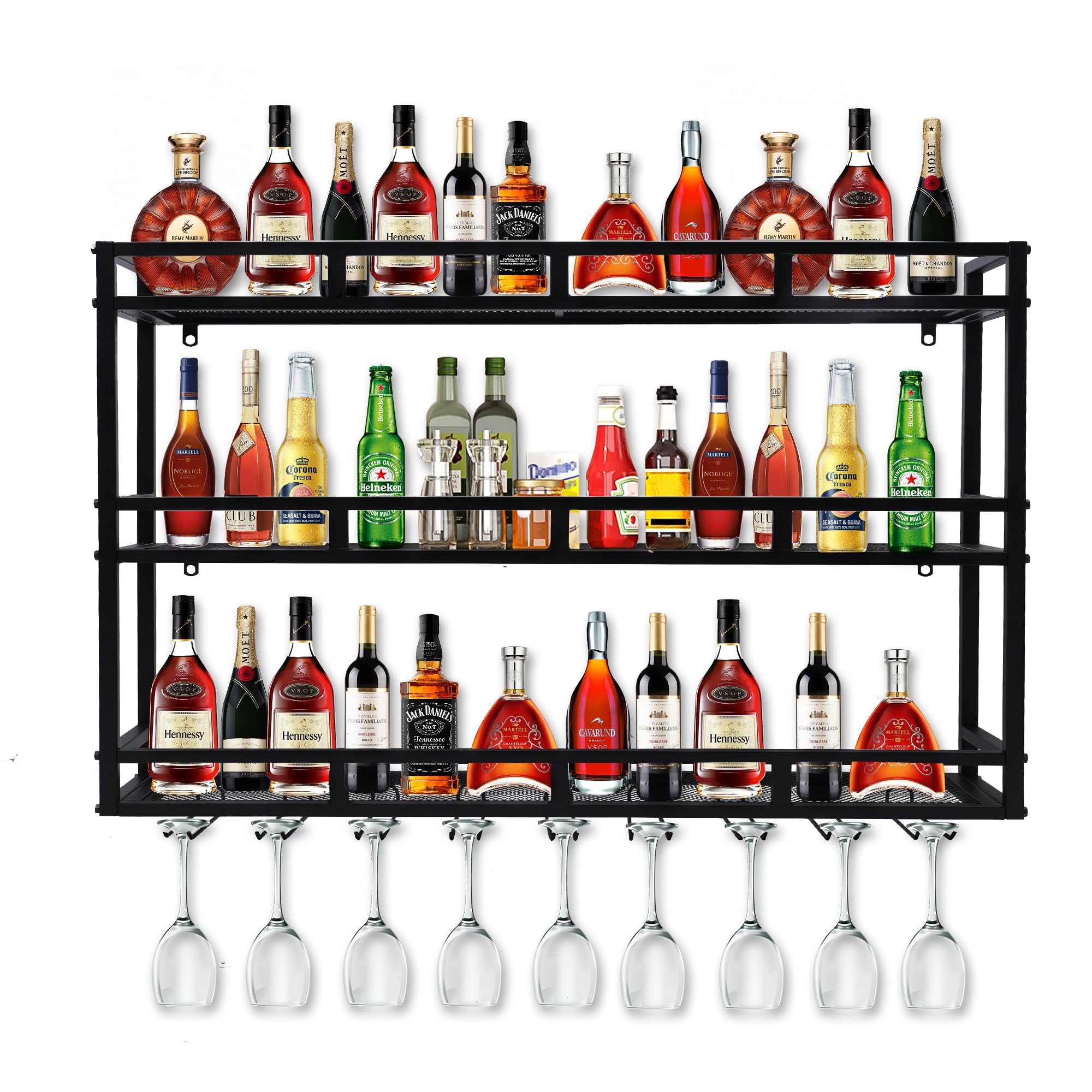 3-Tier Wall Mounted Metal Wine Rack with LED Lights - Large Capacity Liquor Bottle Storage Shelf with Glass Holder (Black, 31in/80cm) - Perfect for Home Bars, Dining Rooms & Kitchen Decor