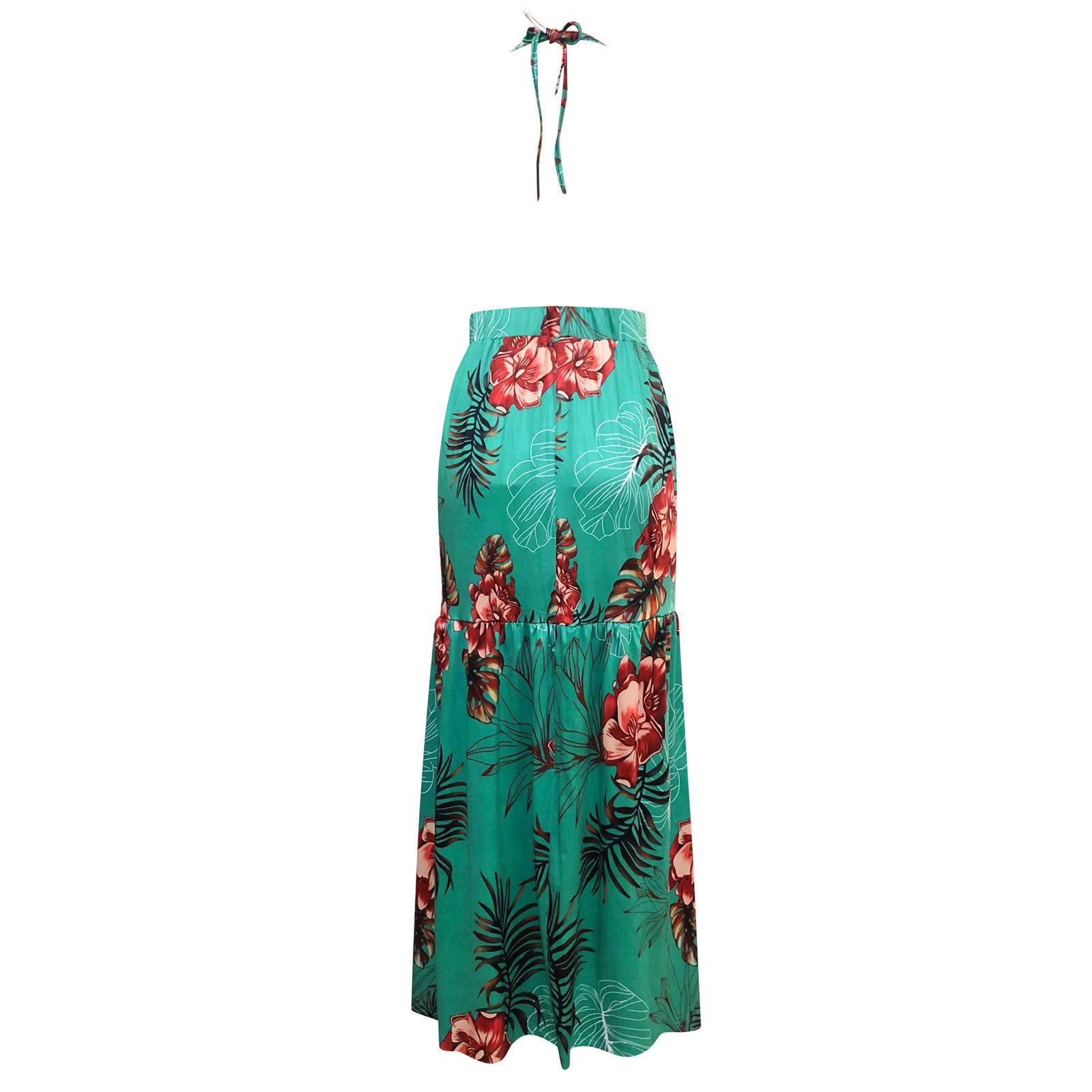 Women's Tropical Print Halter Backless Maxi Dress - Sexy Sleeveless Beach Sundress for Casual Party & Vacation - Green Large Size | Perfect for Summer Getaways, Beach Weddings & Tropical Vacations