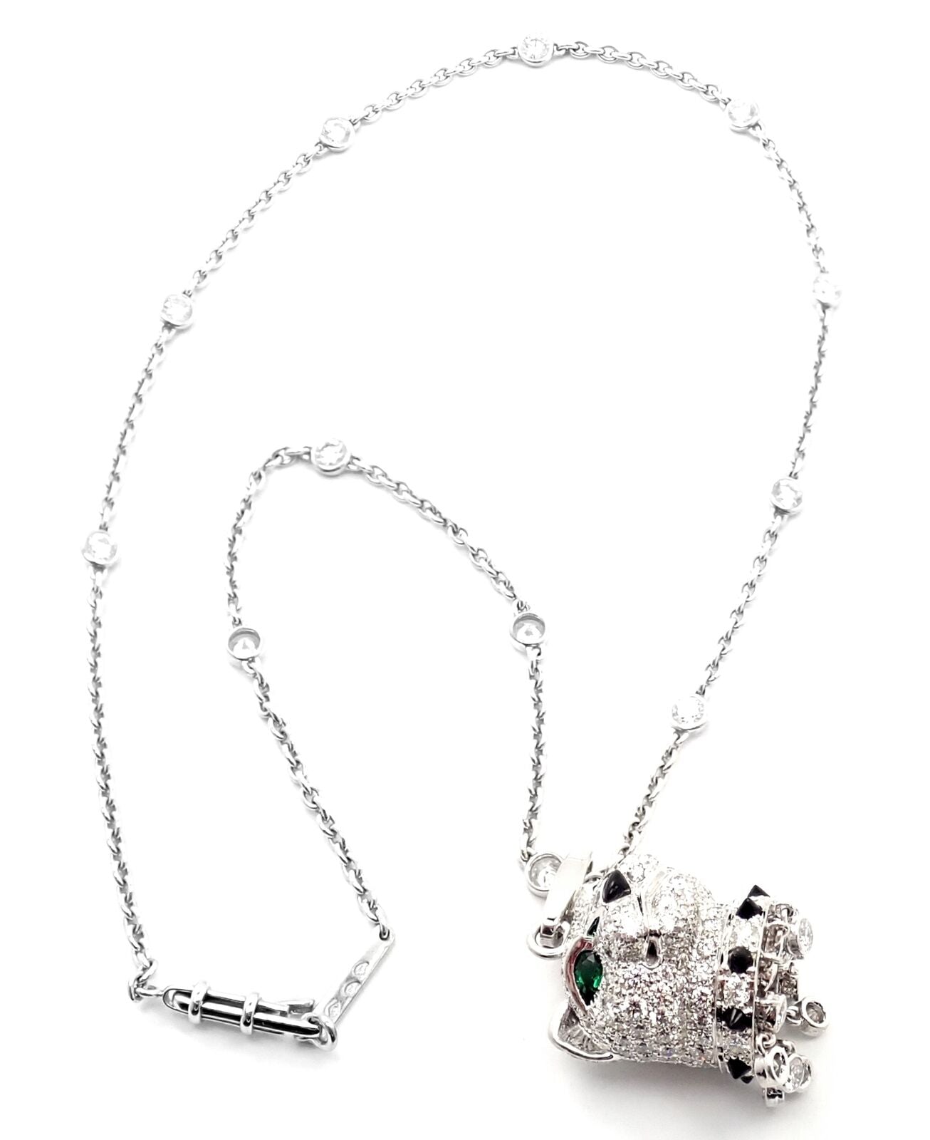 Authentic Cartier Panther 18k White Gold Diamond Emerald Onyx Pendant Necklace - Luxury Jewelry Gift for Women, Perfect for Weddings & Special Occasions