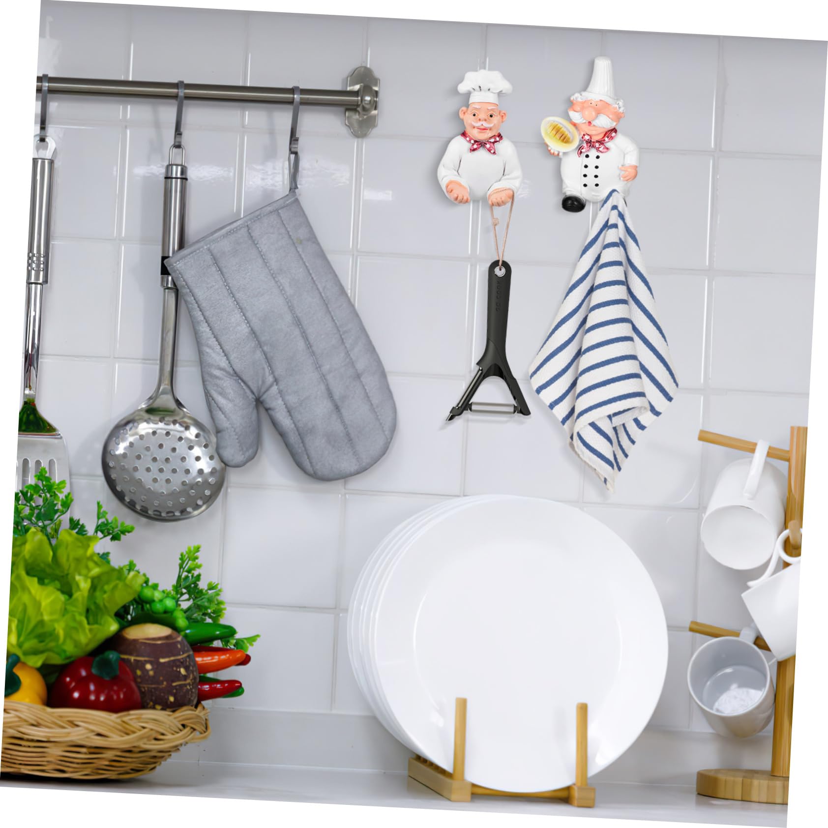 1 Pair Chef-Shaped Adhesive Wall Hooks - No Drilling Kitchen Storage Hooks for Utensils, Aprons & Towels - Perfect for Home, Restaurant & Office Organization