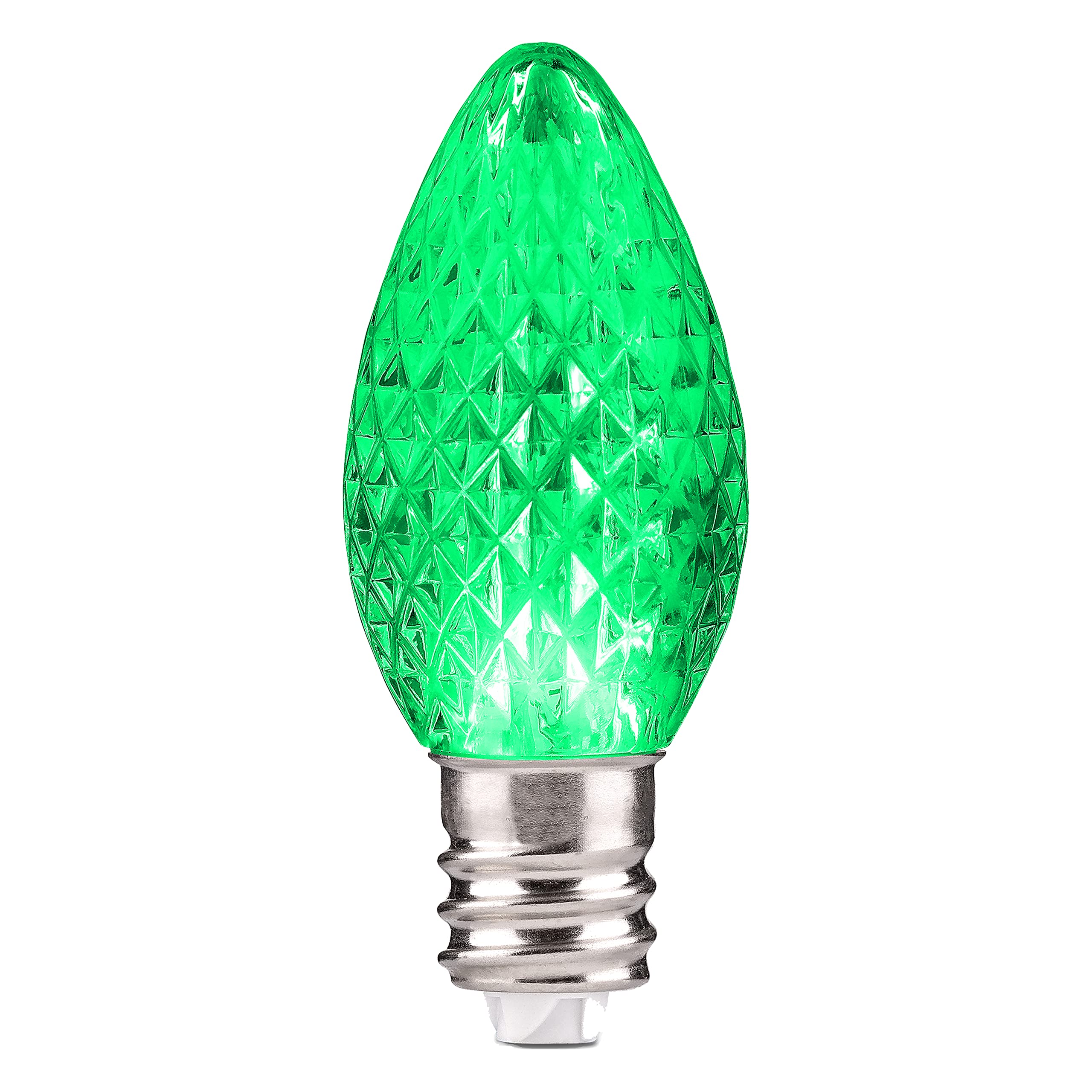 Green LED C7 Christmas Lights - Set of 25 Faceted Bulbs with 2 SMD LEDs for Indoor & Outdoor Holiday Decor | Energy-Efficient Warm White Lighting for Trees, Roofs, Windows & Holiday Displays