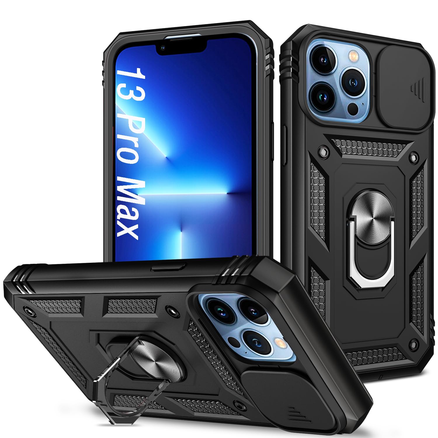 Shockproof iPhone 13 Pro Max Case (6.7 inch) with Slide Lens Cover - Heavy Duty Protective Phone Cover for iPhone 13 Pro Max - Black | Perfect for Outdoor Activities, Travel & Daily Protection