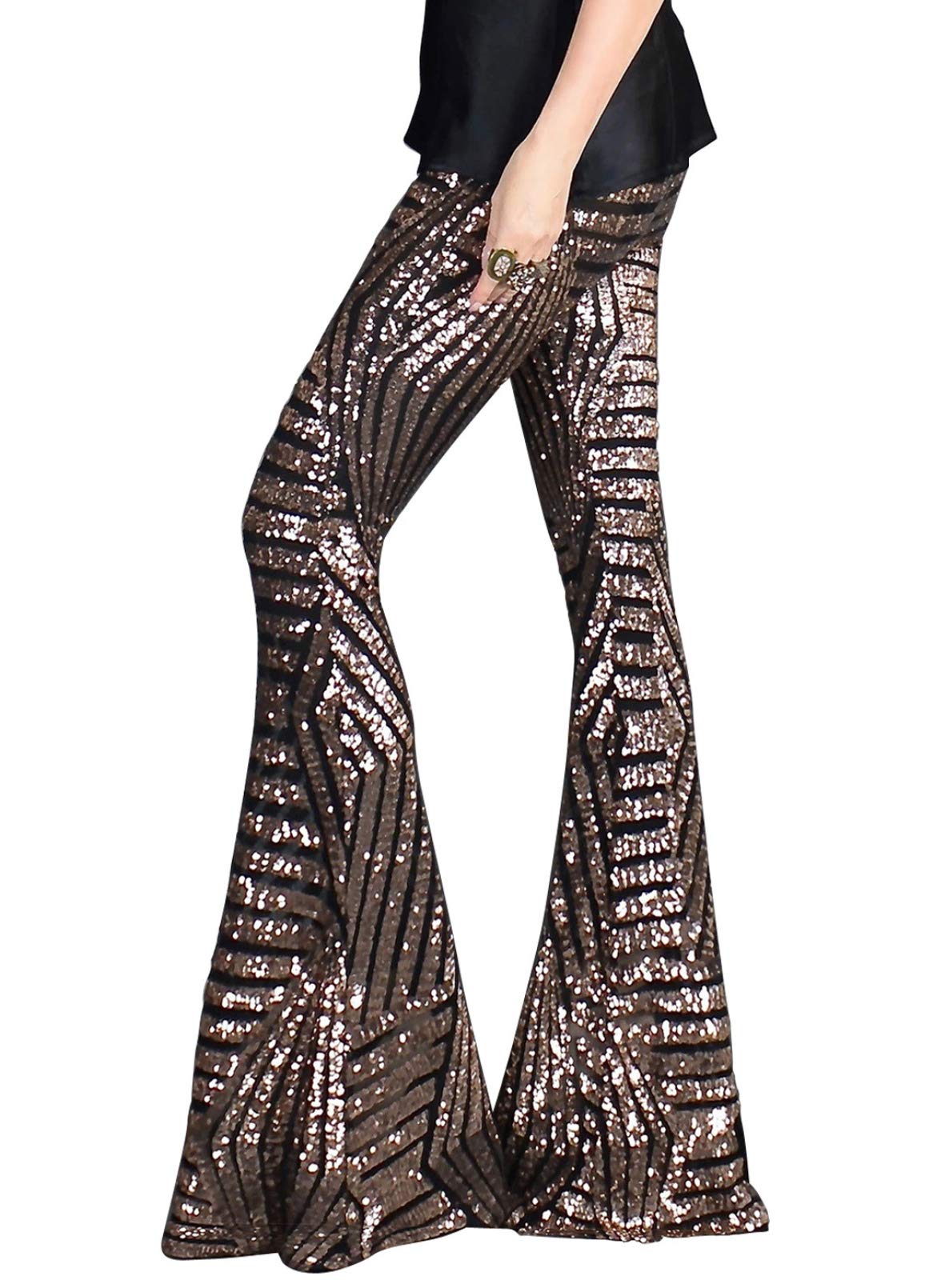 Bdcoco Women's High Waist Sequin Sparkle Flared Pants - Wide Leg Bell Bottom Trousers for Party, Club & Evening Wear | Glamorous Night Out Outfit