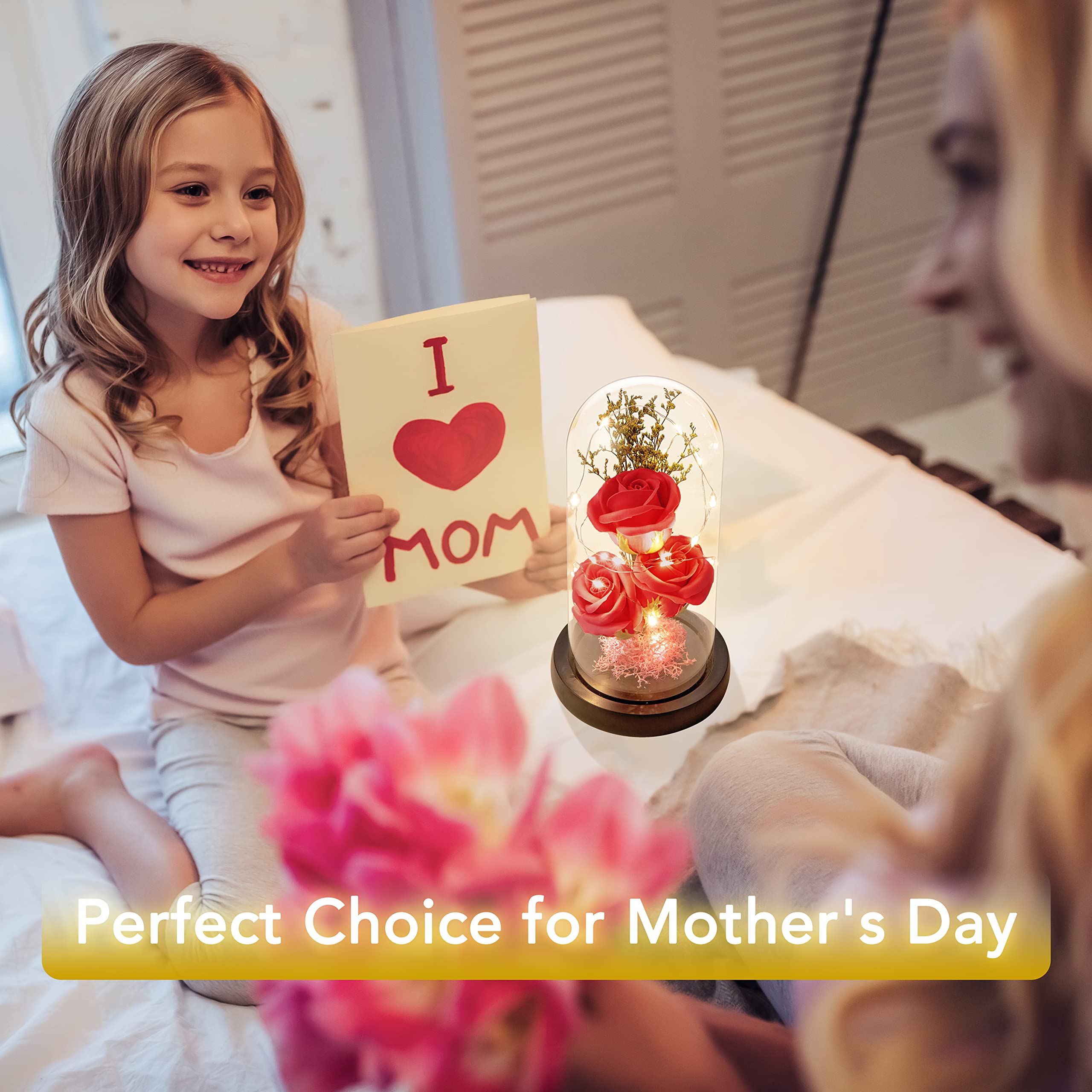Eternal Preserved Rose in Glass Dome - LED Light Up Forever Rose Gift for Women, Mom, Grandma - Perfect for Mother's Day, Valentine's, Anniversary, Birthday & Christmas Decor - Romantic Home & Office Decoration - Red