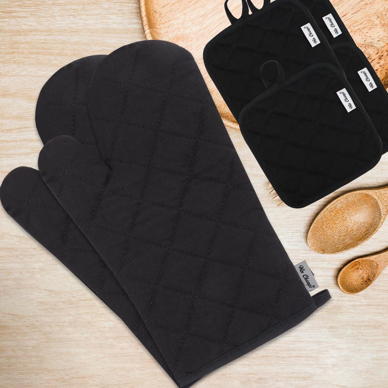 6-Piece High Heat Resistant Oven Mitts and Pot Holders Set - Extra Thick Long Oven Gloves with Recycled Cotton for Baking, Grilling & Cooking (Black) - Perfect for Kitchen, BBQ & Holiday Cooking