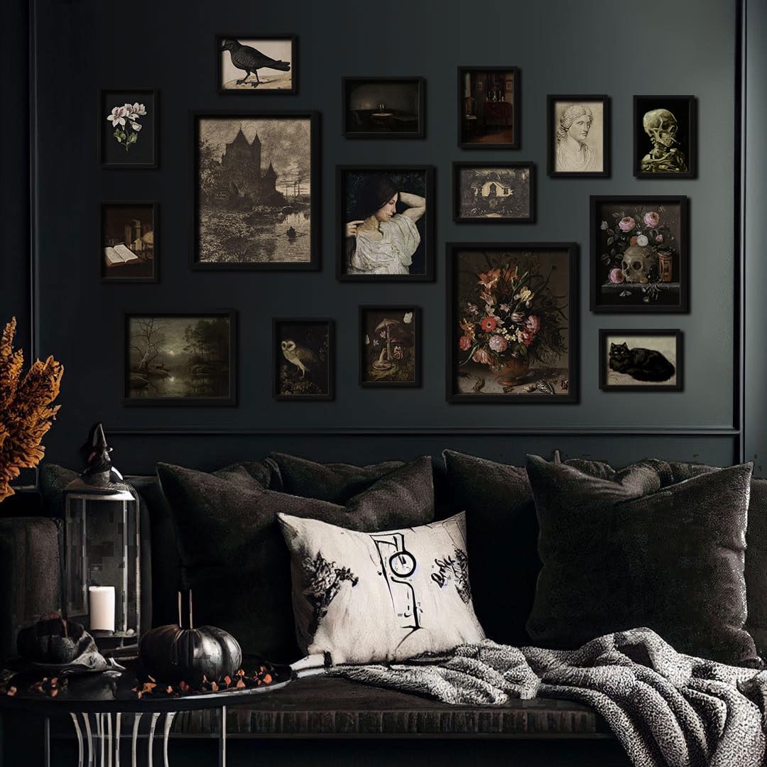 16 PCS Dark Academia Room Decor Set - Gothic Home Wall Art Prints, Moody Aesthetic Posters for Bedroom & Living Room - Witchy Collage Kit for Halloween Dorm Gallery (Perfect for Gothic Themed Rooms, Study Spaces & Halloween Party Decorations)