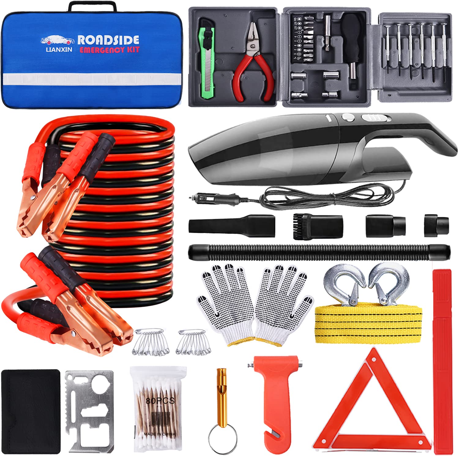 Premium Roadside Car Emergency Kit - High Power Car Vacuum, Jumper Cables, Reflective Warning Triangle & Safety Tools | Essential Vehicle Safety Gear for Roadside Emergencies & Breakdowns