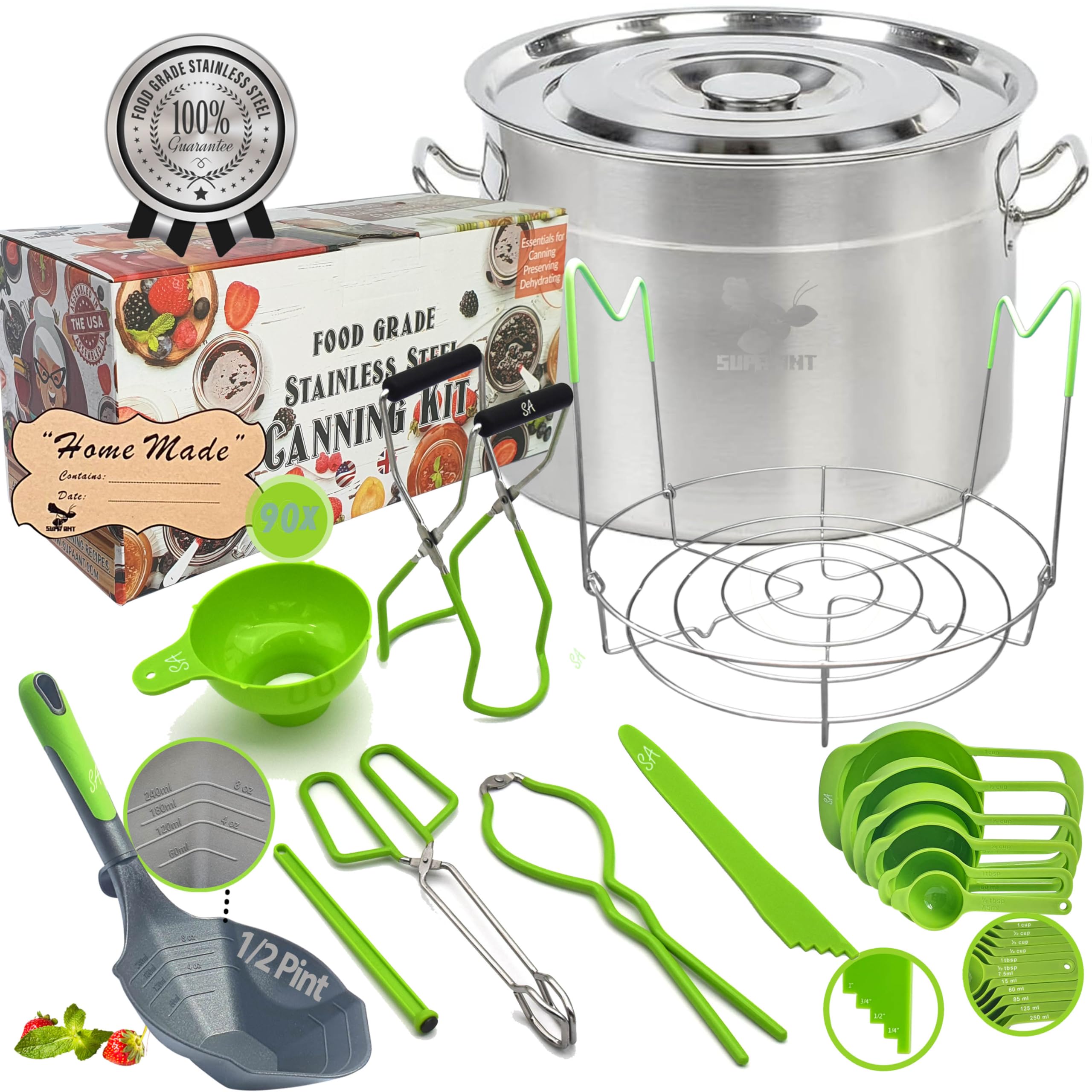 24 Qt Stainless Steel Water Bath Canning Pot with Complete Starter Kit - Includes Food Grade Ladle, Measuring Cups, Funnel, Tongs, Jar Lifter, Wrench & More for Home Canning, Preserving Jams, Pickles & Fruits | 90 Labels Included