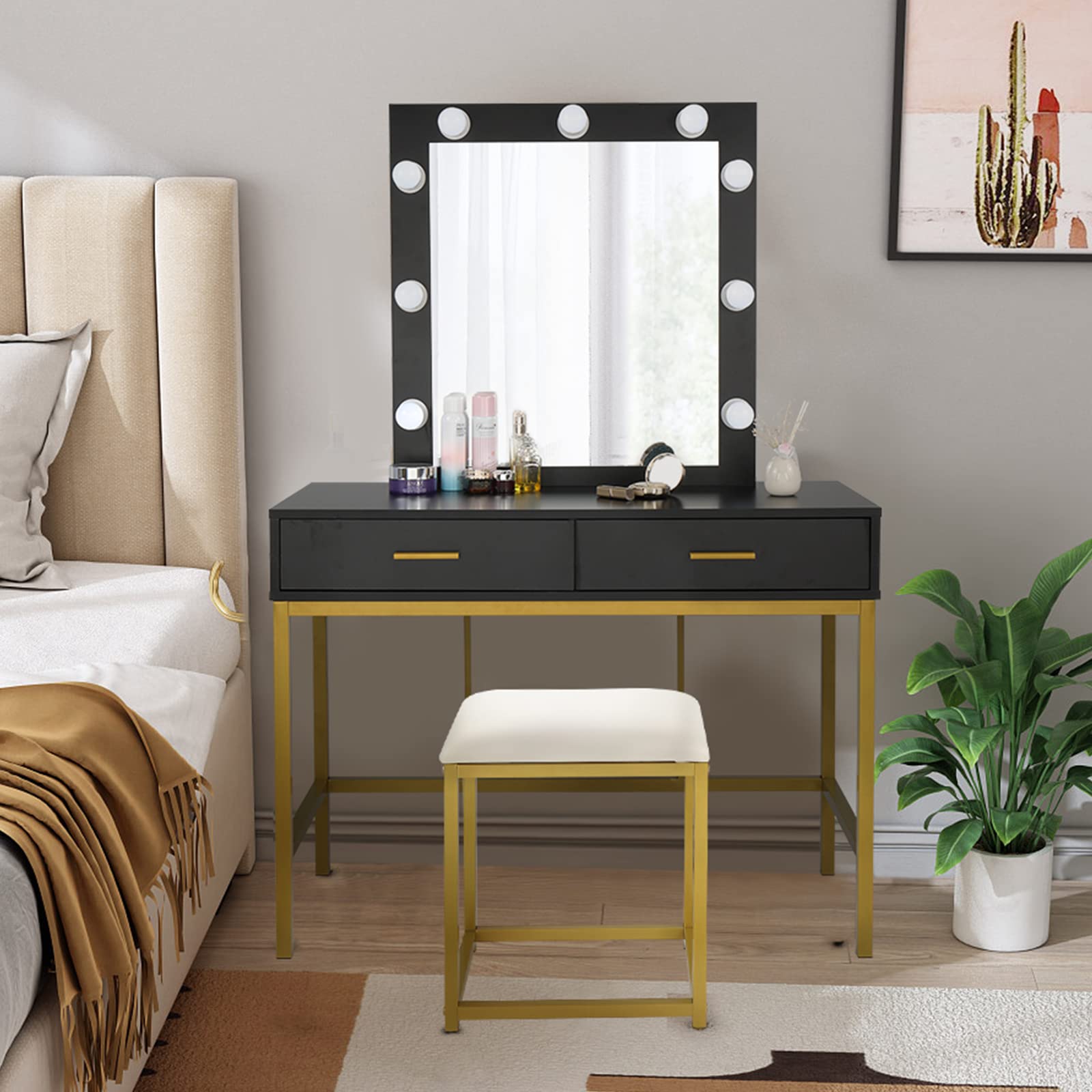 Black Steel Frame Dressing Table with Single Mirror, 2 Storage Drawers & LED Lights - Perfect for Bedroom Vanity, Makeup Station & Home Decor