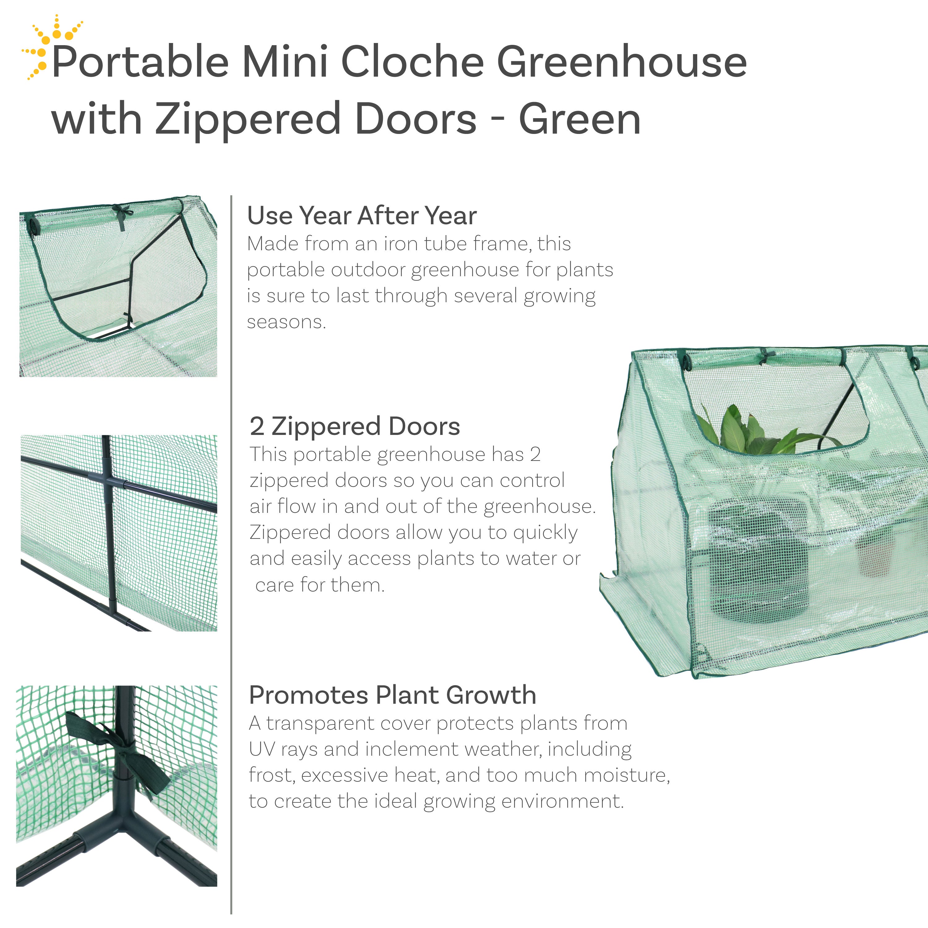 Sunnydaze Portable Mini Cloche Greenhouse with Zipper Doors - Compact Plant Protection Cover for Indoor/Outdoor Gardening, Seed Starting & Plant Hardening - Green