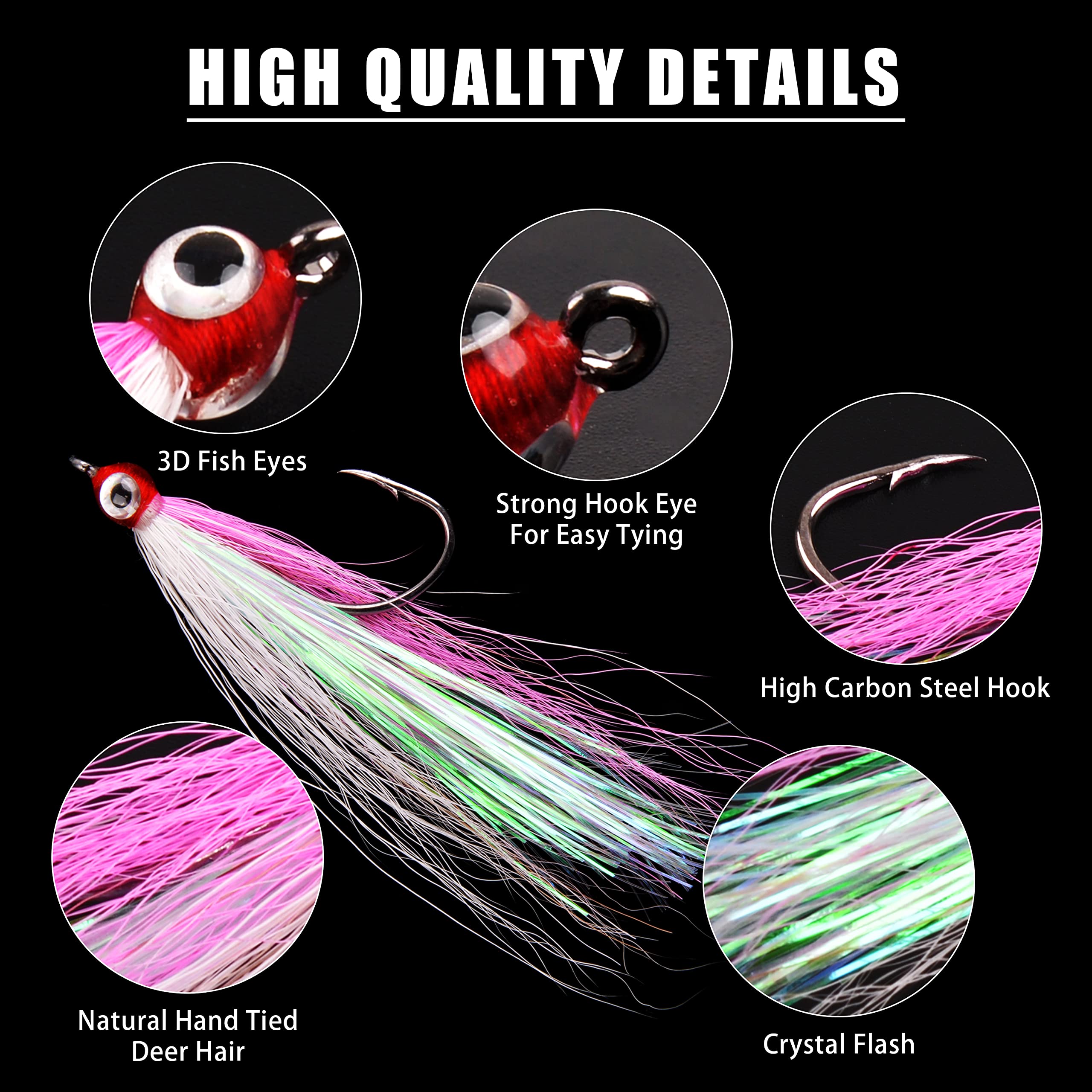 Bucktail Teasers Fishing Hooks with 3D Eyes - 5PCS High Carbon Steel Hooks for Bass & Saltwater Fishing - Premium Mylar Flash Bait Rigs & Fly Fishing Lures - Perfect for Freshwater & Sea Fishing Adventures