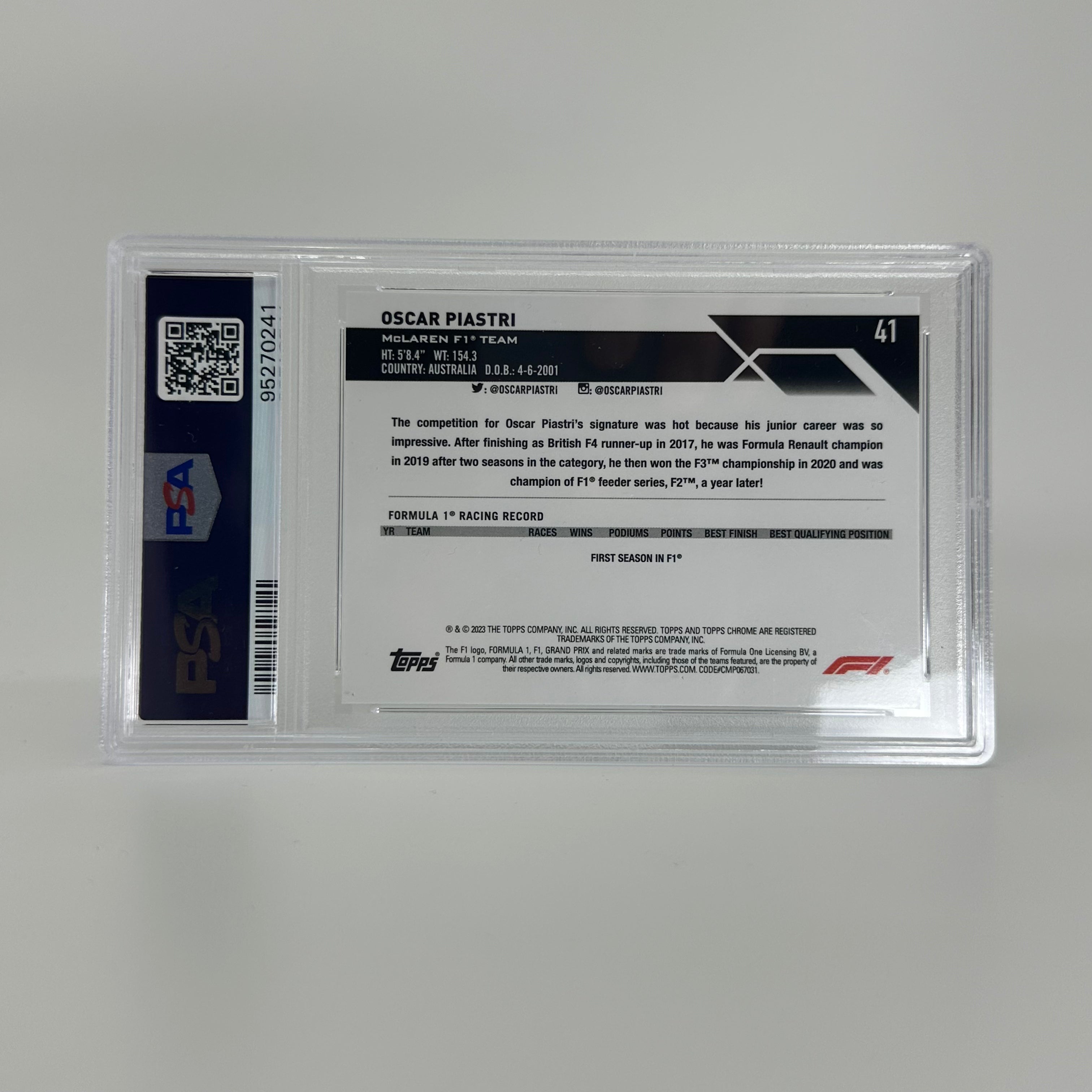 2023 Topps Chrome F1 Oscar Piastri #41 Sapphire Edition PSA 10 Rookie Card - Perfect for F1 Collectors, Sports Memorabilia Enthusiasts & Investment Collectibles