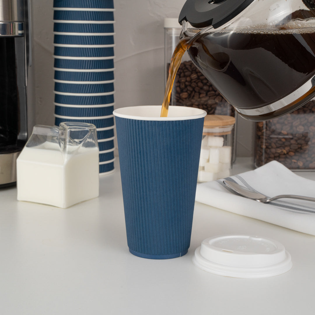 16 oz Midnight Blue Ripple Wall Paper Coffee Cups with White Lids - 20 Count (3.5