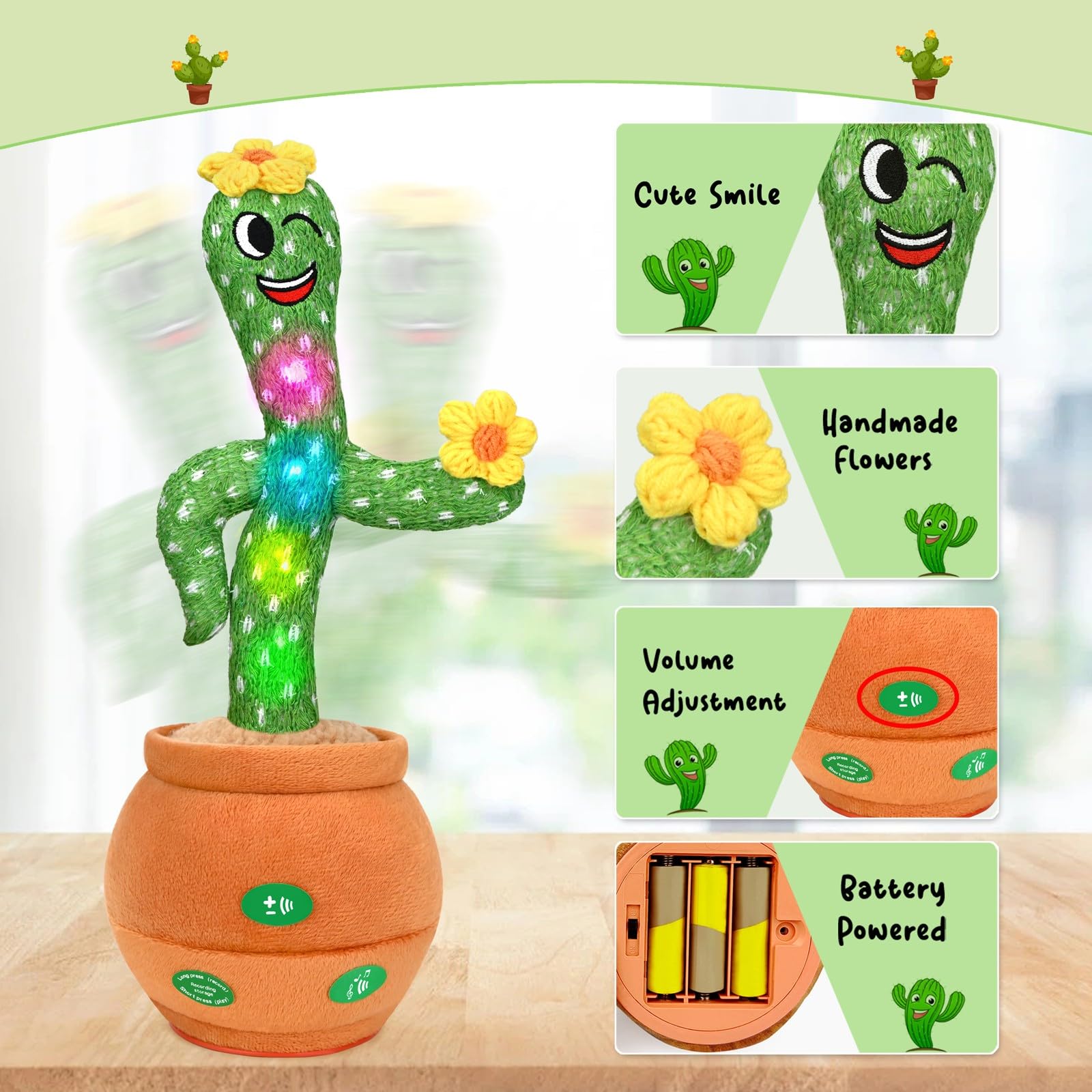 Cactus Baby Toys for Boys & Girls - Interactive Talking Singing Mimicking Recording Musical Toy with Lights - Best Gift for Infants Toddlers & Kids - Sing English Songs & Repeat Your Voice - Perfect for Playtime Learning & Birthday Gifts