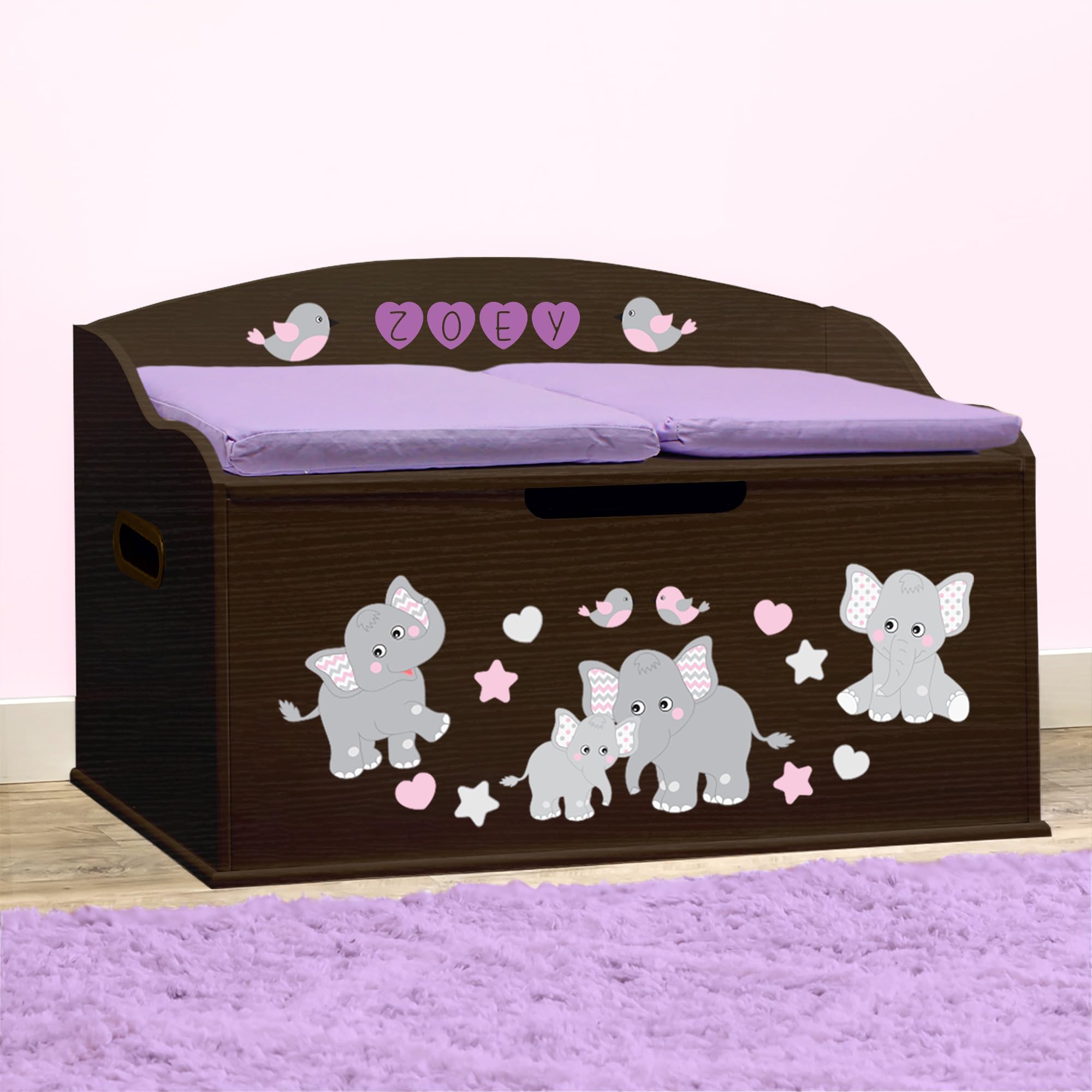 DIBSIES Personalized Creative Wonders Toy Box - Pink Elephants & Espresso Finish | Custom Kids' Storage Organizer for Playroom, Nursery & Bedroom Decor