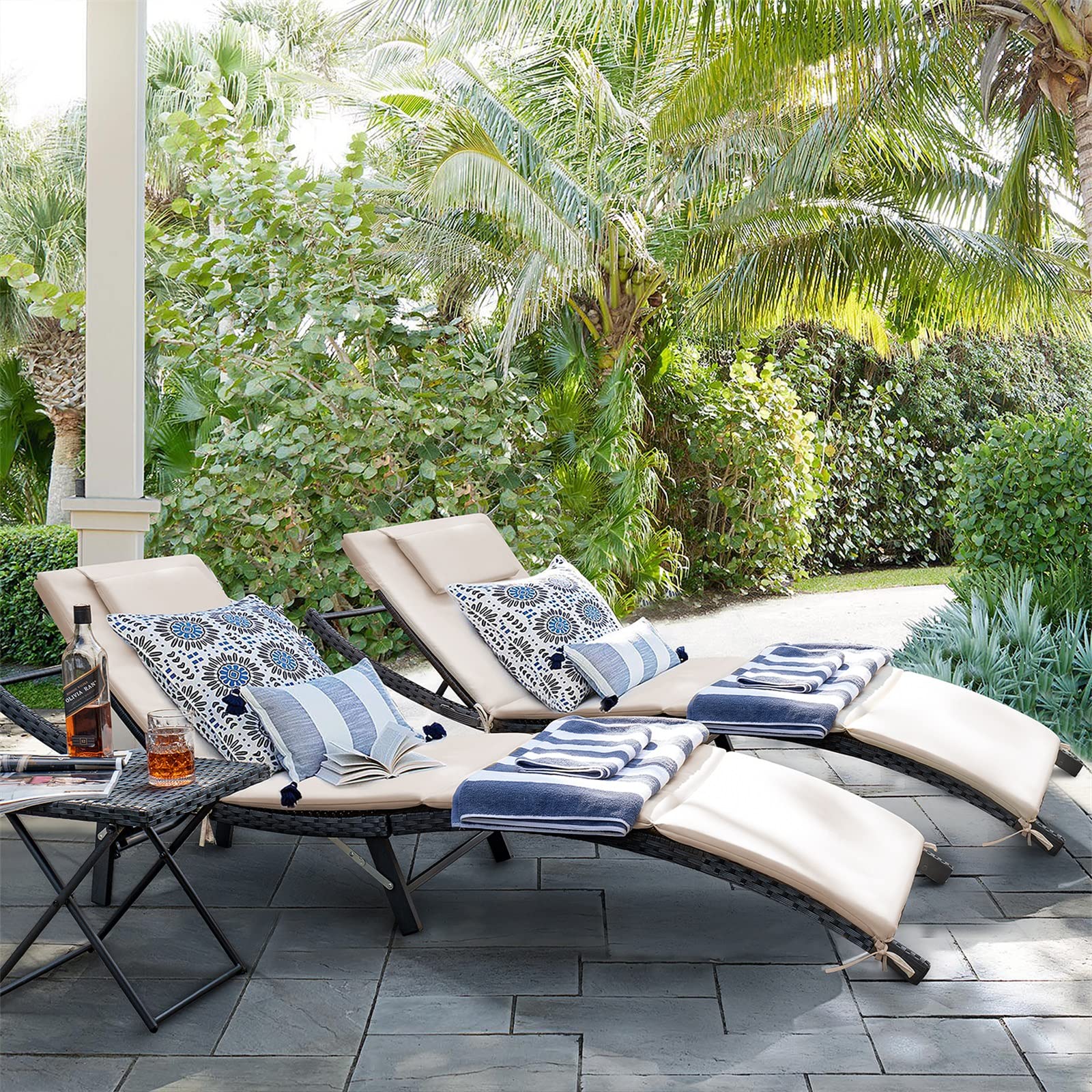 GUNJI 3-Piece Outdoor Wicker Lounge Chair Set with Adjustable Chaise & Side Table - Beige Patio Furniture for Poolside, Deck, Lawn, Garden & Backyard Relaxation