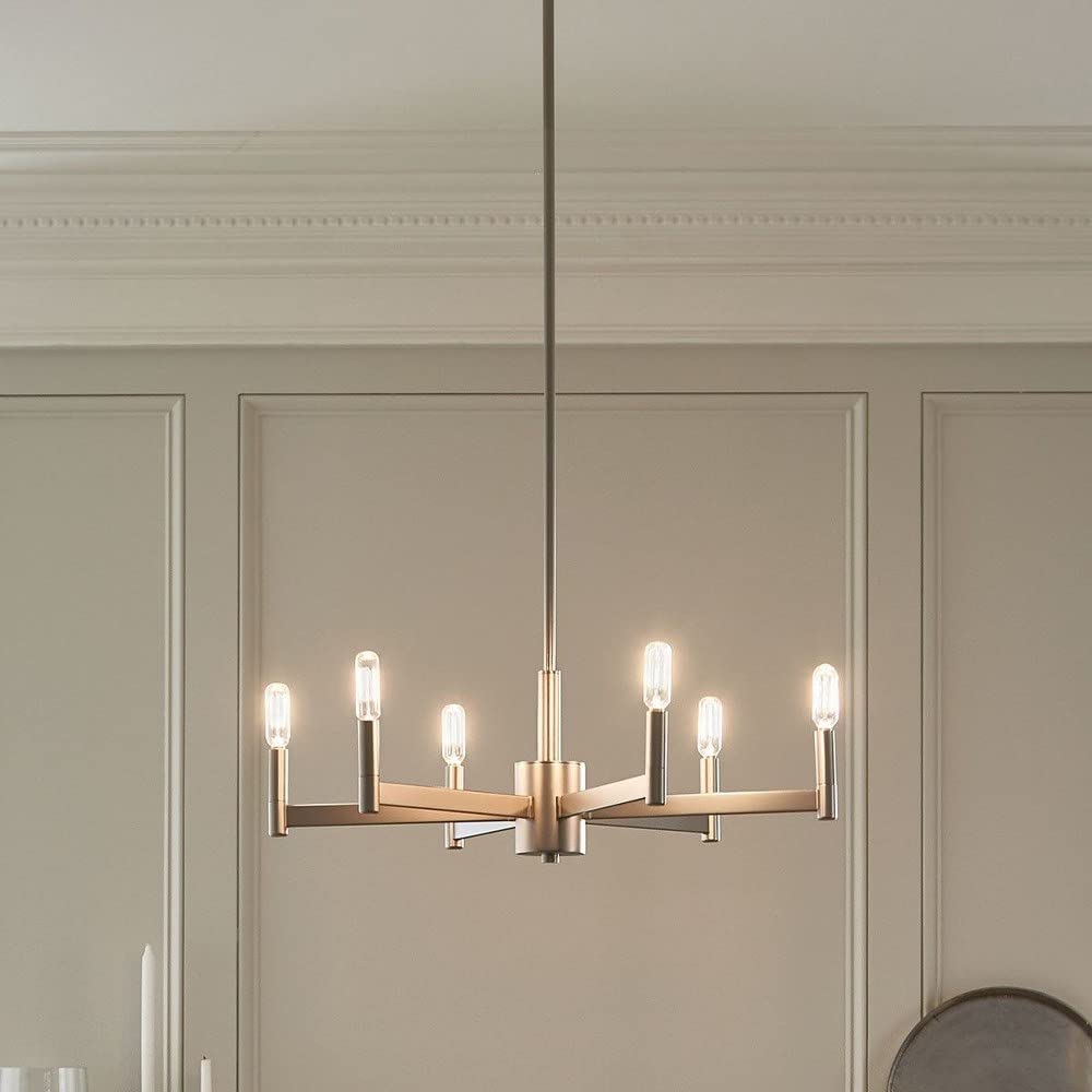 6-Light Modern Farmhouse Chandelier - Satin Nickel Finish - Rustic Dining Room Lighting for Kitchen Island, Bedroom or Entryway