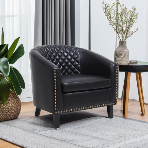 Henf Faux Leather Barrel Accent Chair - Mid Century Modern Armchair with Decorative Nailheads & Solid Wood Legs - Upholstered Living Room Club Chair for Reading, Lounging & Home Office - Perfect for Small Spaces & Apartment Decor