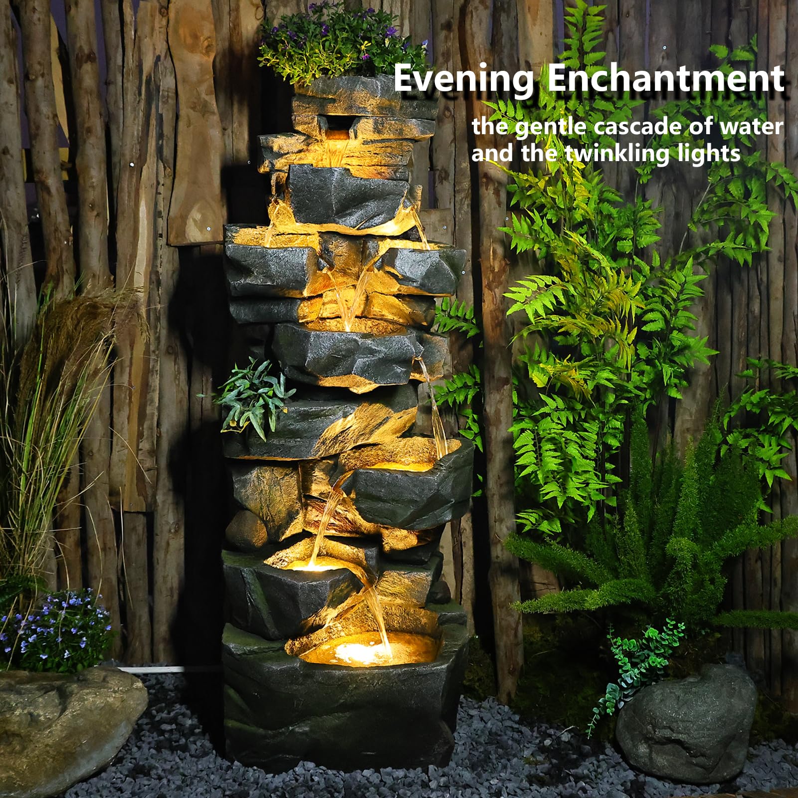 6-Tier 58-Inch Large Cascading Rock Outdoor Garden Water Fountain with LED Lights - Natural Waterfall Decor for Patio, Porch, Backyard & Home Landscaping | Perfect for Relaxation, Meditation & Outdoor Ambiance