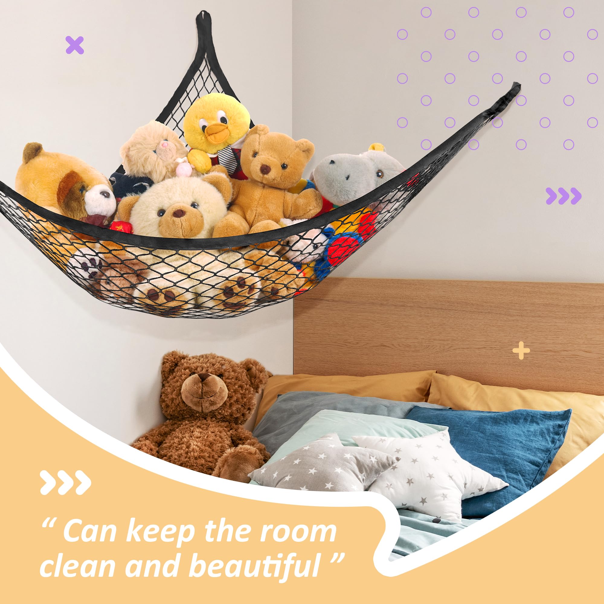 Plush Toy Storage Hammock for Stuffed Animals - Kids Room Organizer & Decor - Easy Hang with Anchors & Hooks - 1 Pack Black - Perfect for Nursery, Playroom & Bedroom Organization
