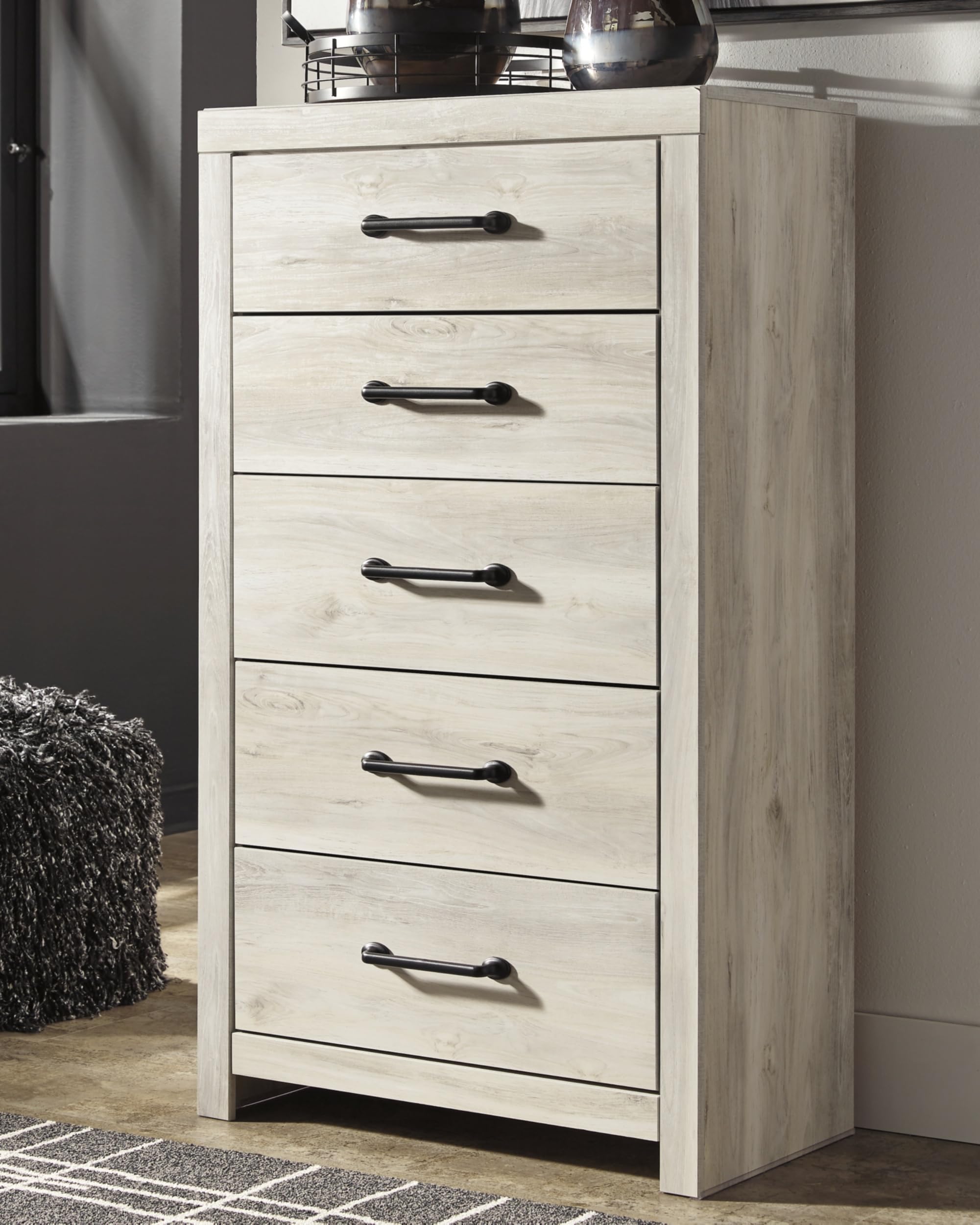 Signature Design by Ashley Cambeck Industrial 5-Drawer Chest with Safety Stop - Whitewash Finish | Modern Bedroom Dresser, Nursery Storage & Home Organization Solution