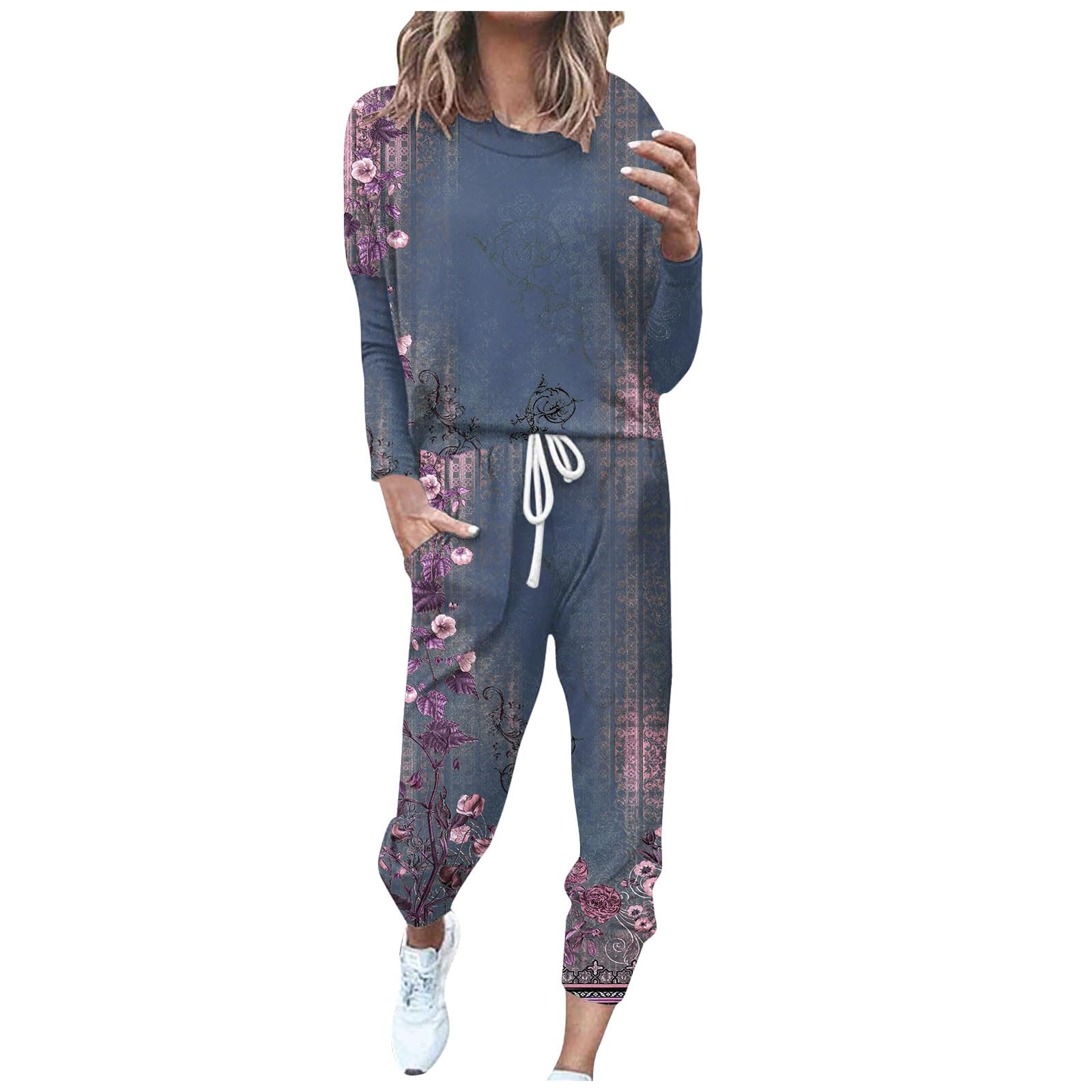 Women's 2-Piece Lounge Set - Crewneck Long Sleeve Top & Drawstring Jogger Pants Tracksuit for Comfortable Home Wear, Yoga, and Casual Outings