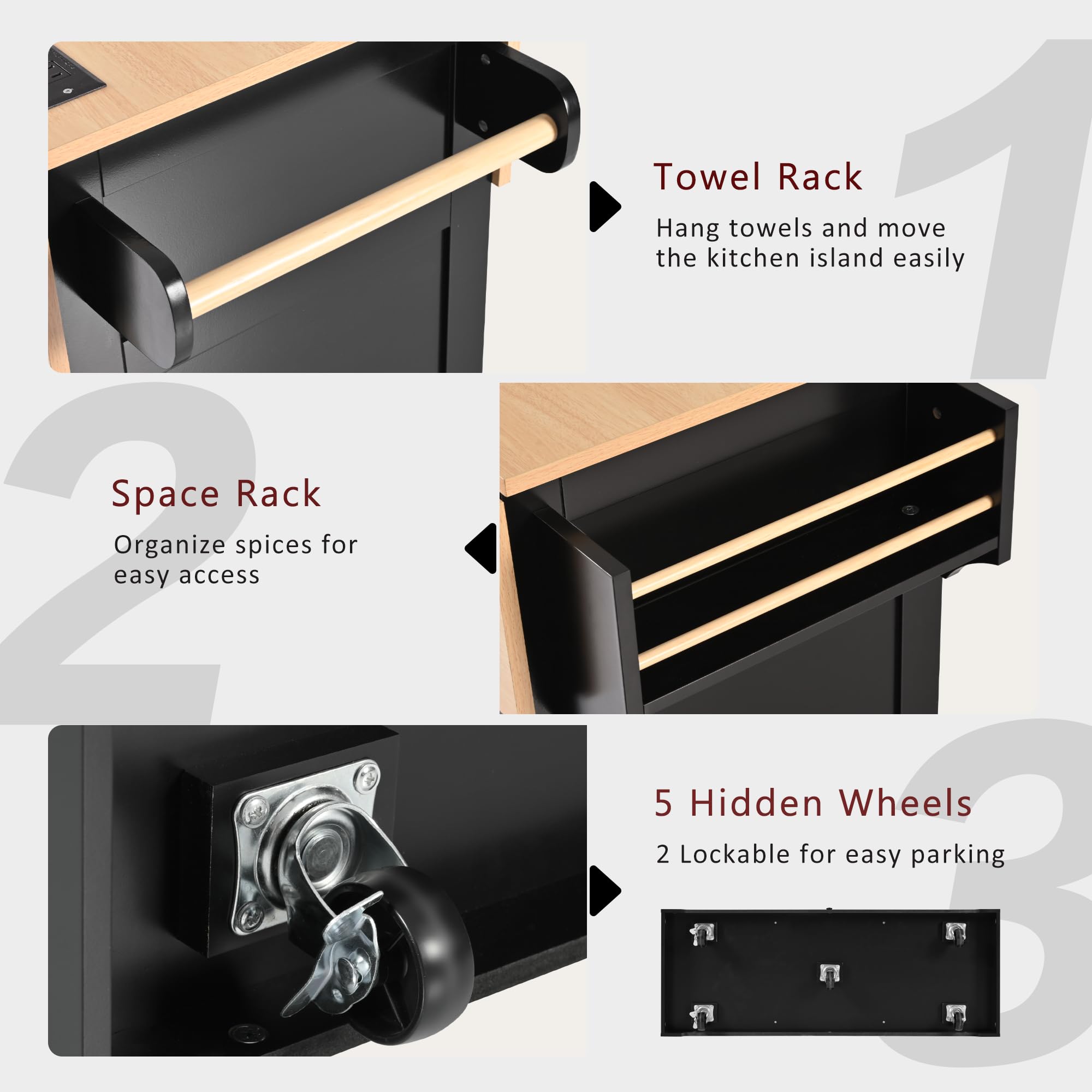 Modern Large Kitchen Island with 2 Drop Leaf, 5-Wheel Rolling Cart with Power Outlet, Folding Storage Dining Table for Kitchen & Dining Room - Black (Space-Saving Design for Small Kitchens, Perfect for Entertaining & Meal Prep)