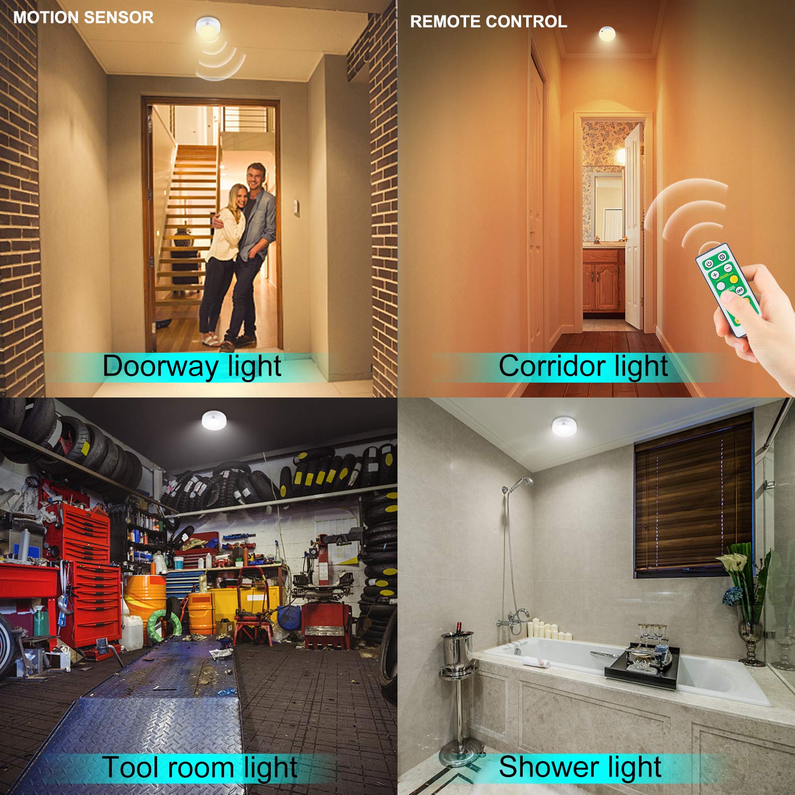 BIGMONAT Wireless LED Shower Light - Battery Powered Ceiling Light with Remote & Motion Sensor - Dimmable Bathroom & Closet Light (250 Lumens, 4.8 Inches) - Perfect for Nighttime Bathroom Visits, Walk-in Closets, and Safe Stairway Lighting