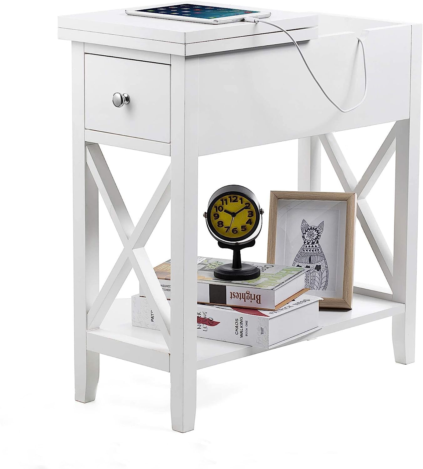 ChooChoo White Flip Top Narrow End Table with Drawer - MDF Material Small Side Table Nightstand for Living Room, Bedroom & Small Spaces - Perfect for Tight Corners, Studio Apartments & Cozy Reading Nooks
