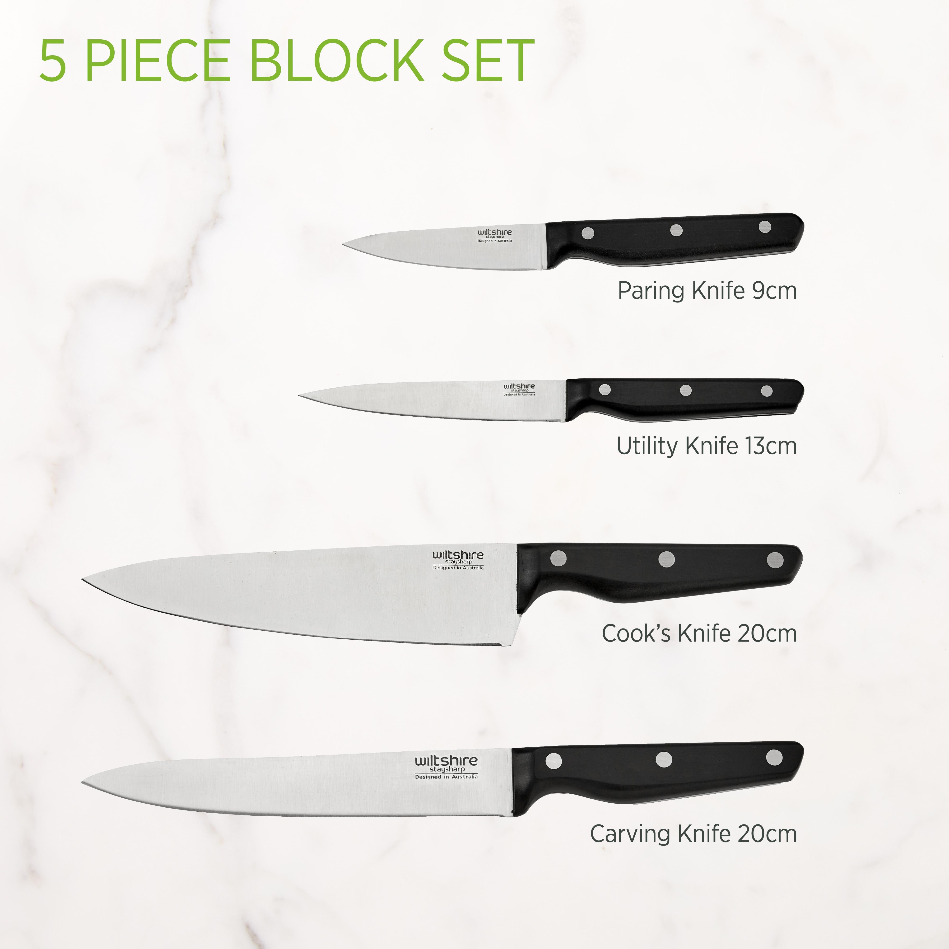 Staysharp Triple Rivet Radius Knife Block Set - 5-Piece Stainless Steel Kitchen Knives with Wooden Holder | Perfect for Home Chefs & Professional Cooking
