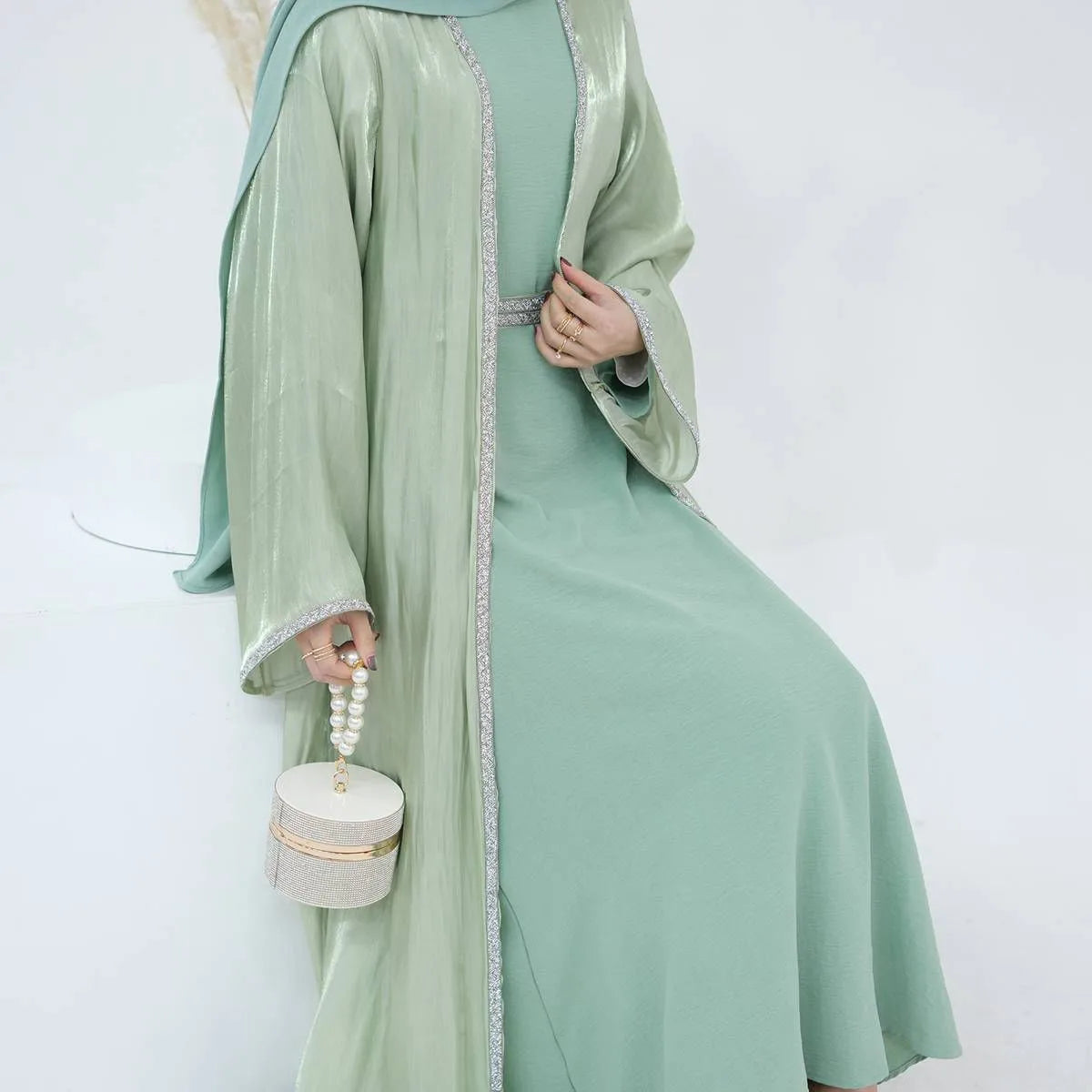 2-Piece Hotfix Rhinestone Sparkling Open Abaya Dress Set with Inner Dress - Perfect for Weddings, Parties & Special Occasions