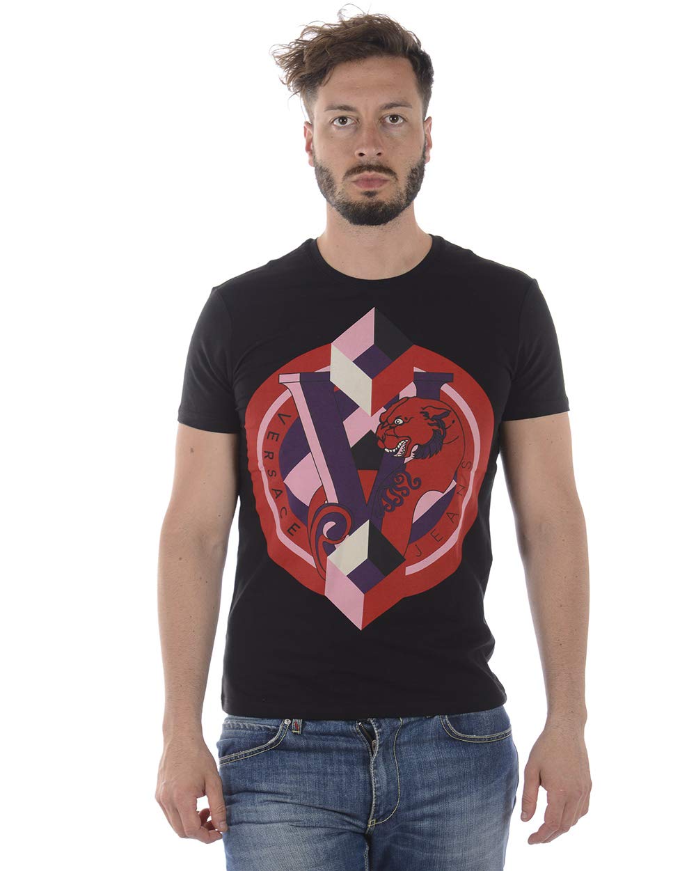 Versace Jeans Couture Men's Slim Fit Black Graphic T-Shirt B3GRA78F | Premium Cotton Crewneck Tee for Casual Wear & Night Out