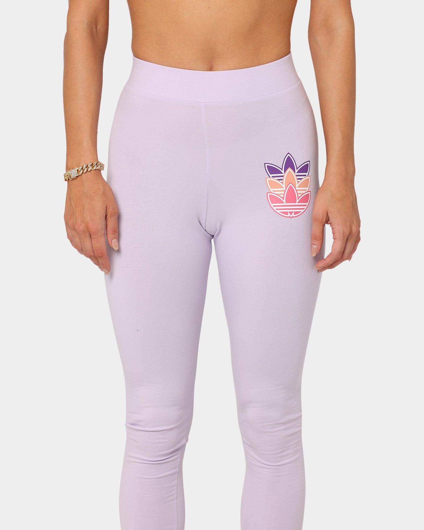 Adidas Women's Logo Play Leggings - Purple Printed Yoga Pants for Running, Workout & Gym - High Waisted Stretchy Athletic Tights
